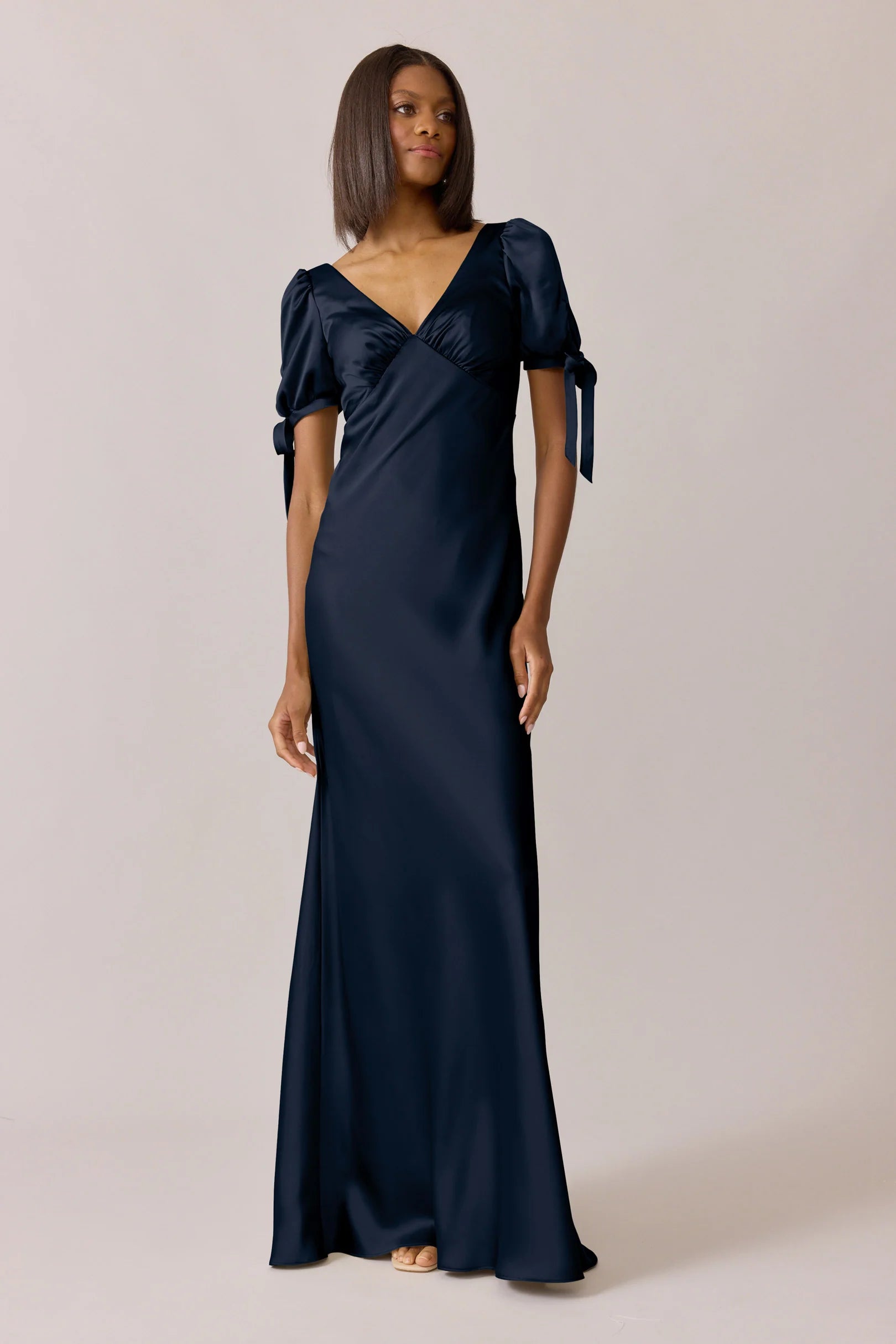 Romantic V-Neck Puff Sleeve Satin Mermaid Bridesmaid Dress with Button Back