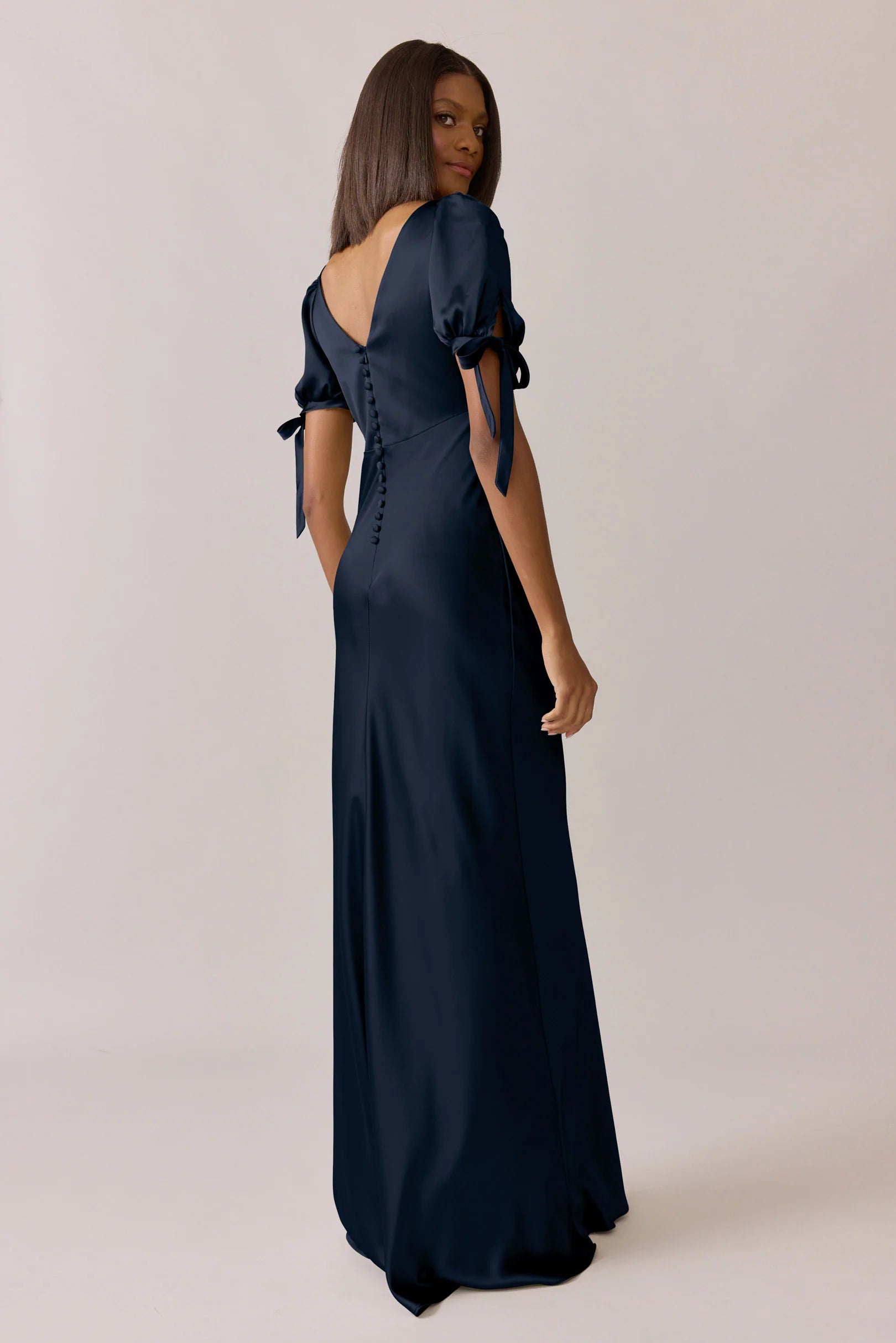 Romantic V-Neck Puff Sleeve Satin Mermaid Bridesmaid Dress with Button Back