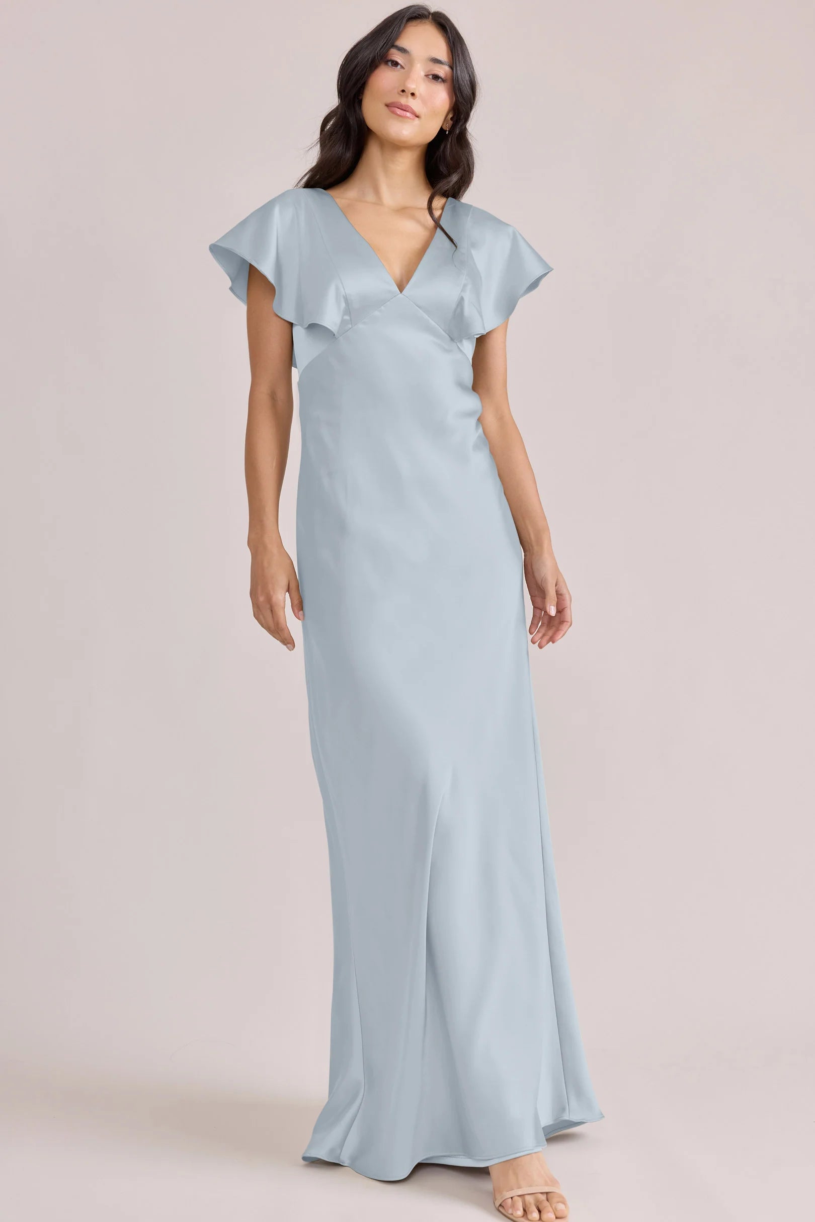 Romantic V-Neck Satin Mermaid Bridesmaid Dress with Flutter Sleeves & V-Back in Sky Blue