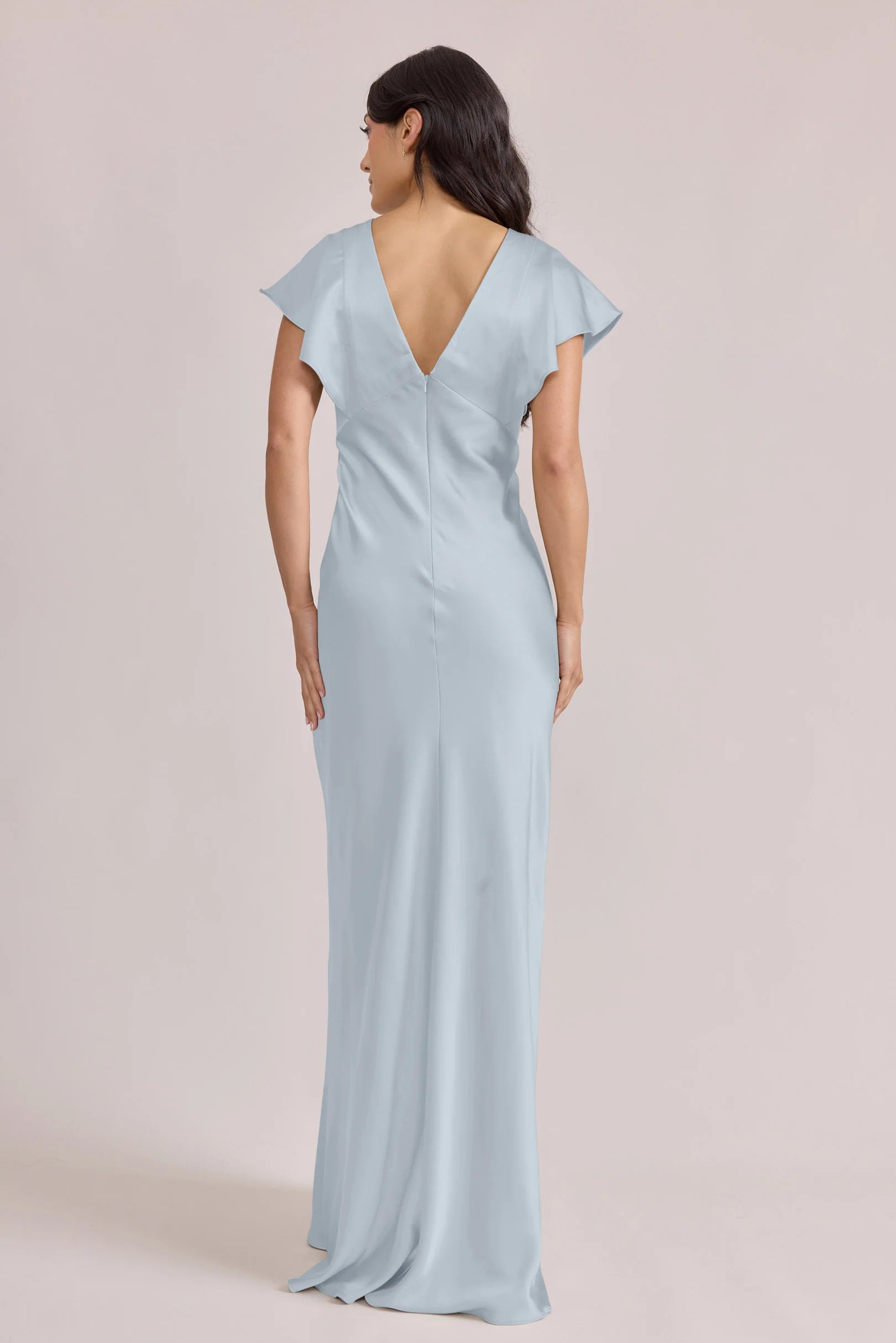 Romantic V-Neck Satin Mermaid Bridesmaid Dress with Flutter Sleeves & V-Back in Sky Blue