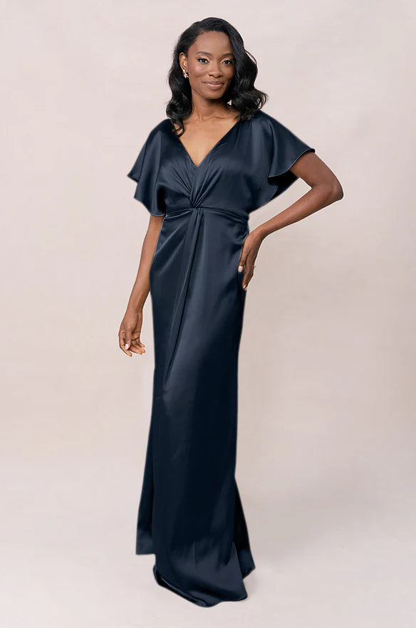 Romantic V-Neck Twist Front Flutter Sleeve Satin Mermaid Bridesmaid Dress with Low Back