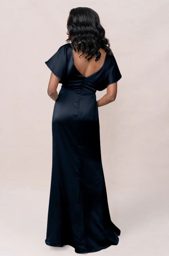 Romantic V-Neck Twist Front Flutter Sleeve Satin Mermaid Bridesmaid Dress with Low Back