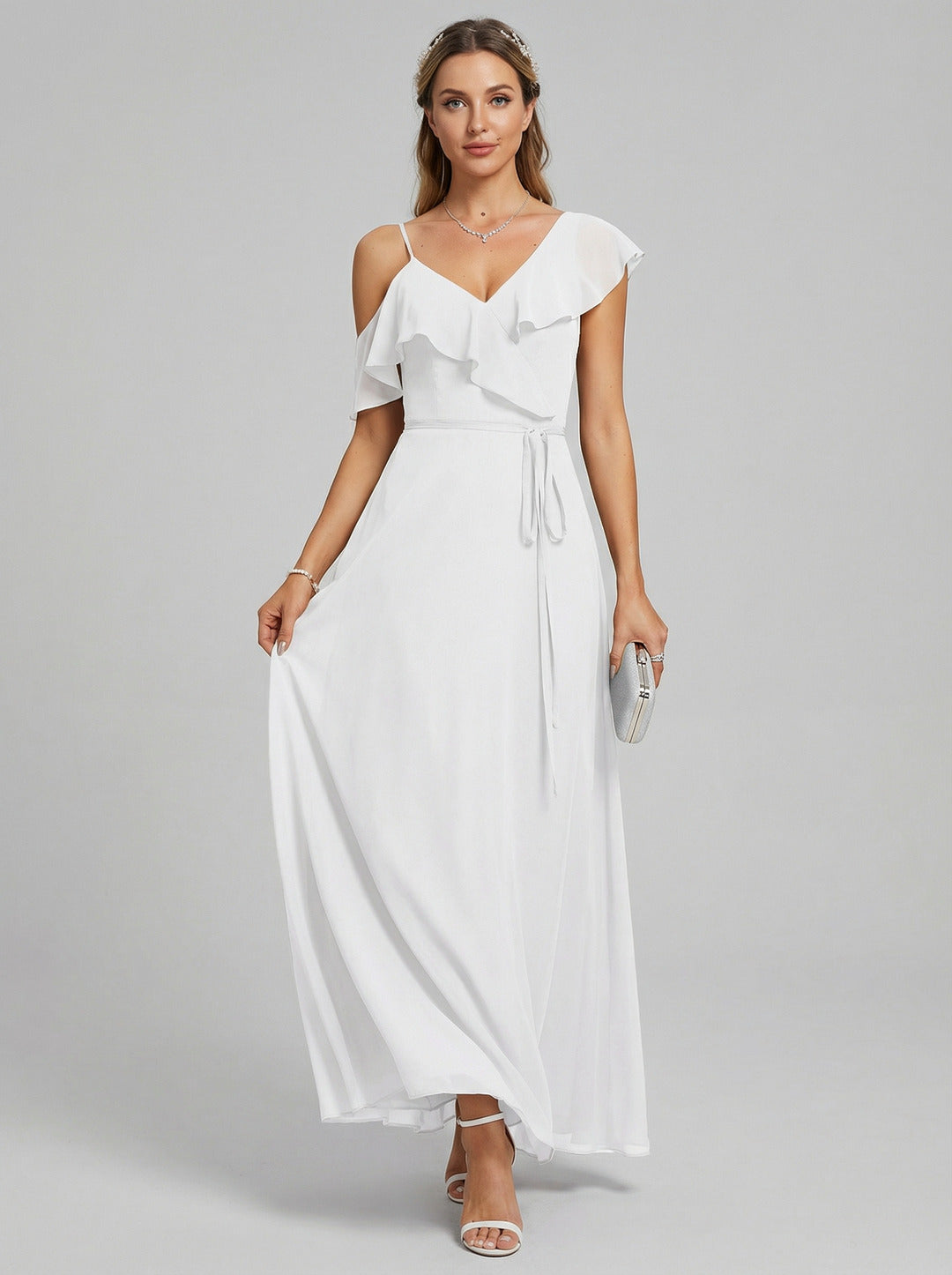 Romantic White Chiffon A-Line V-Neck Back Zip with Ruffle Ankle-Length Bridesmaid Dress