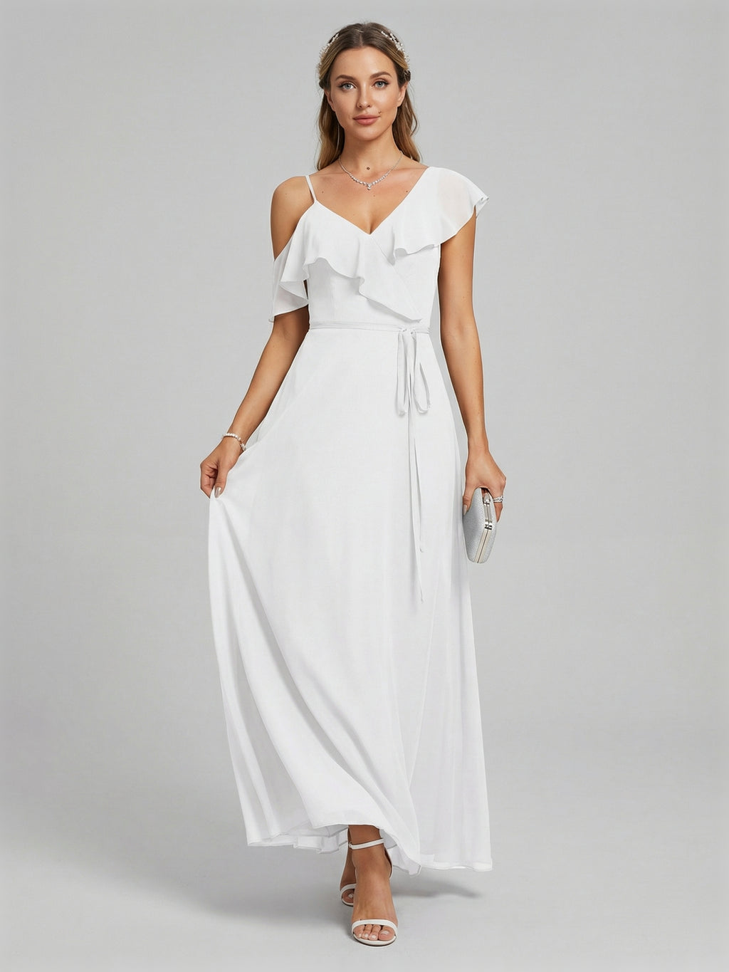 Romantic White Chiffon A-Line V-Neck Back Zip with Ruffle Ankle-Length Bridesmaid Dress