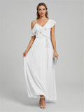 Romantic White Chiffon A-Line V-Neck Back Zip with Ruffle Ankle-Length Bridesmaid Dress