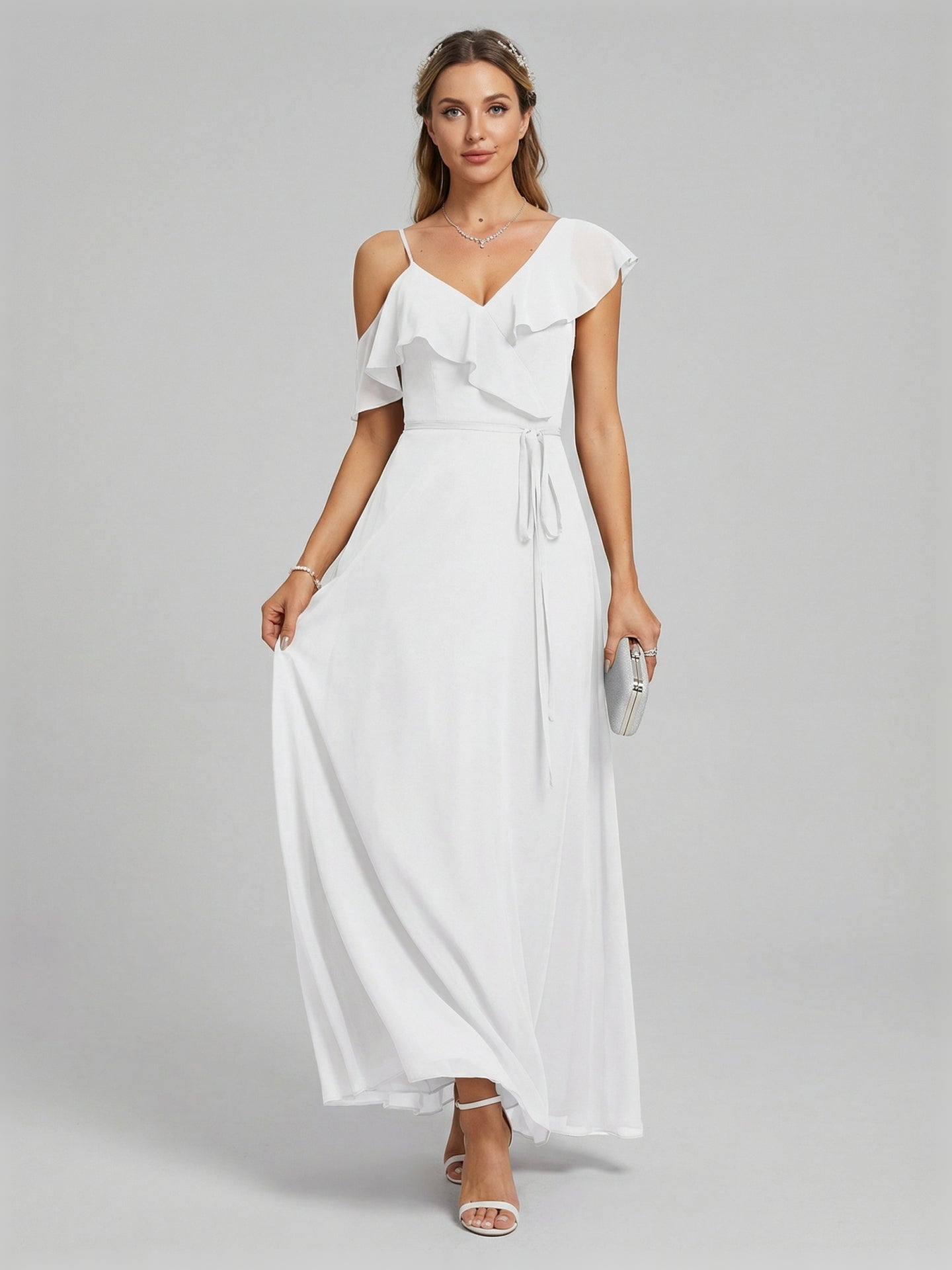 Romantic White Chiffon A-Line V-Neck Back Zip with Ruffle Ankle-Length Bridesmaid Dress