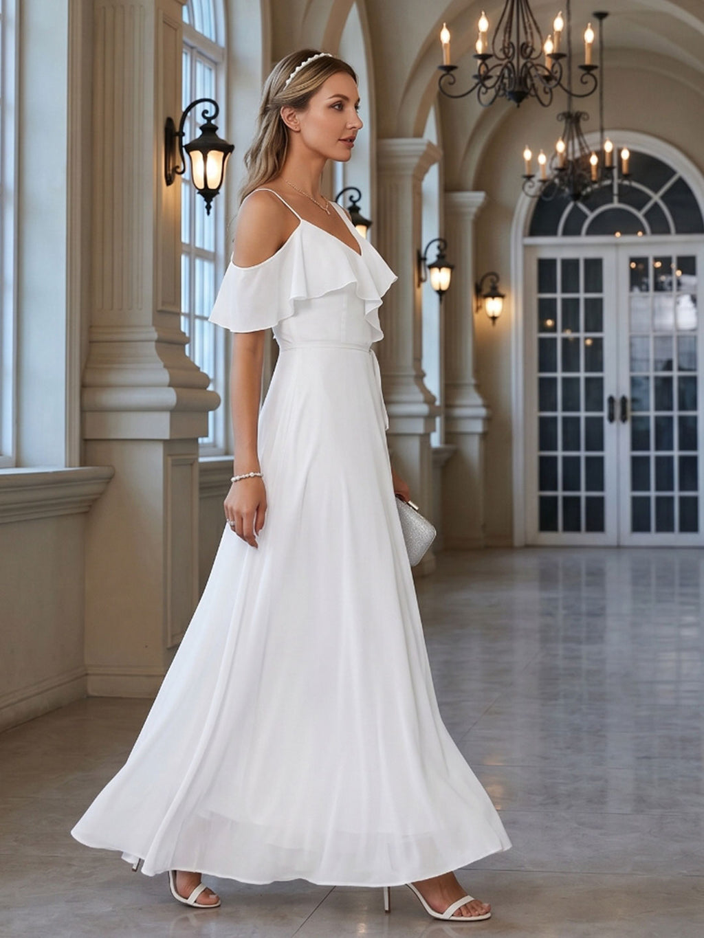 Romantic White Chiffon A-Line V-Neck Back Zip with Ruffle Ankle-Length Bridesmaid Dress