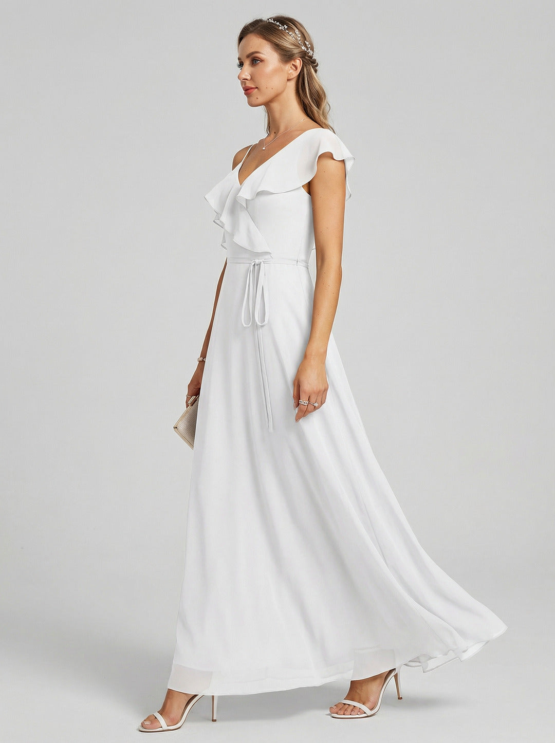Romantic White Chiffon A-Line V-Neck Back Zip with Ruffle Ankle-Length Bridesmaid Dress