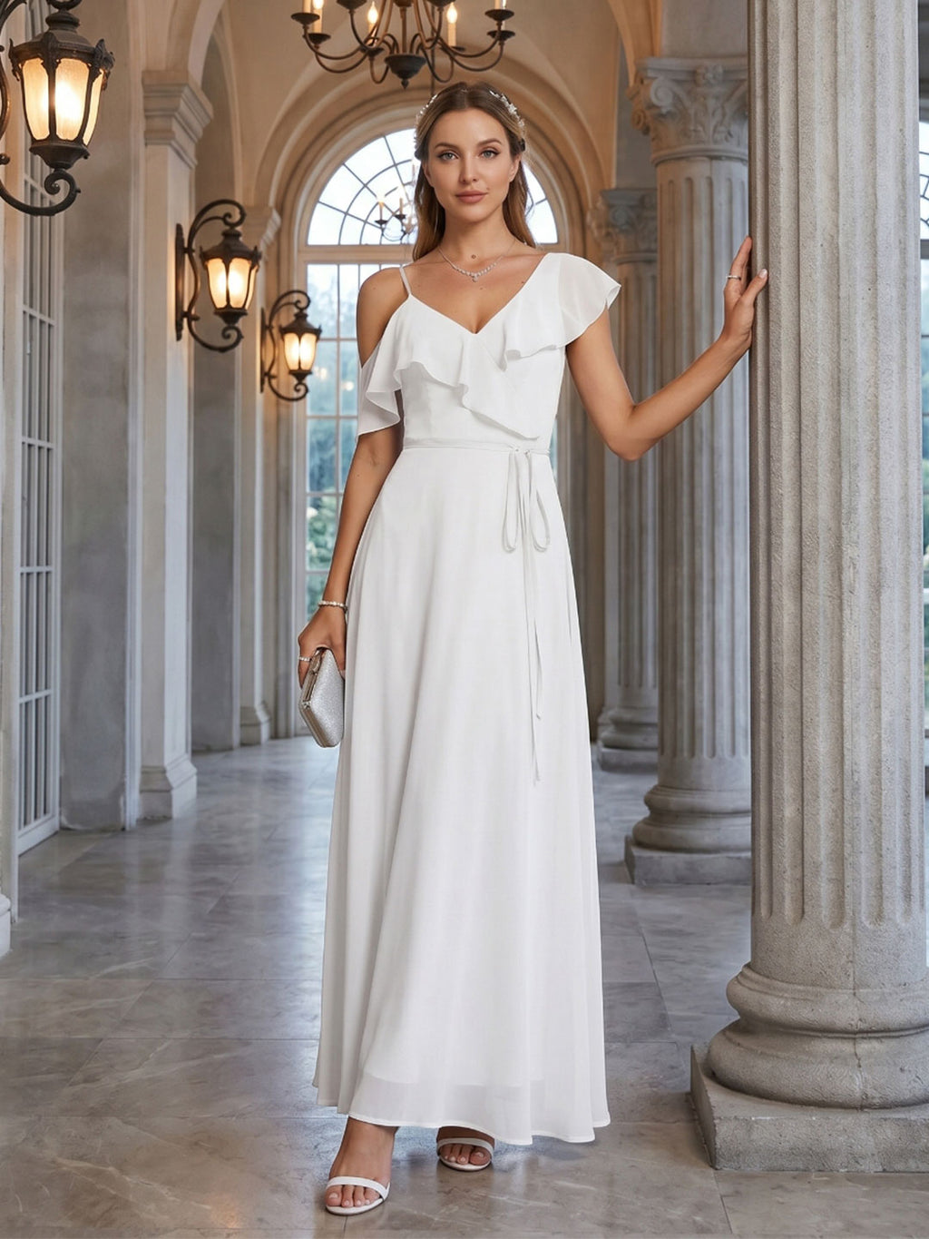 Romantic White Chiffon A-Line V-Neck Back Zip with Ruffle Ankle-Length Bridesmaid Dress