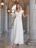 Romantic White Chiffon A-Line V-Neck Back Zip with Ruffle Ankle-Length Bridesmaid Dress