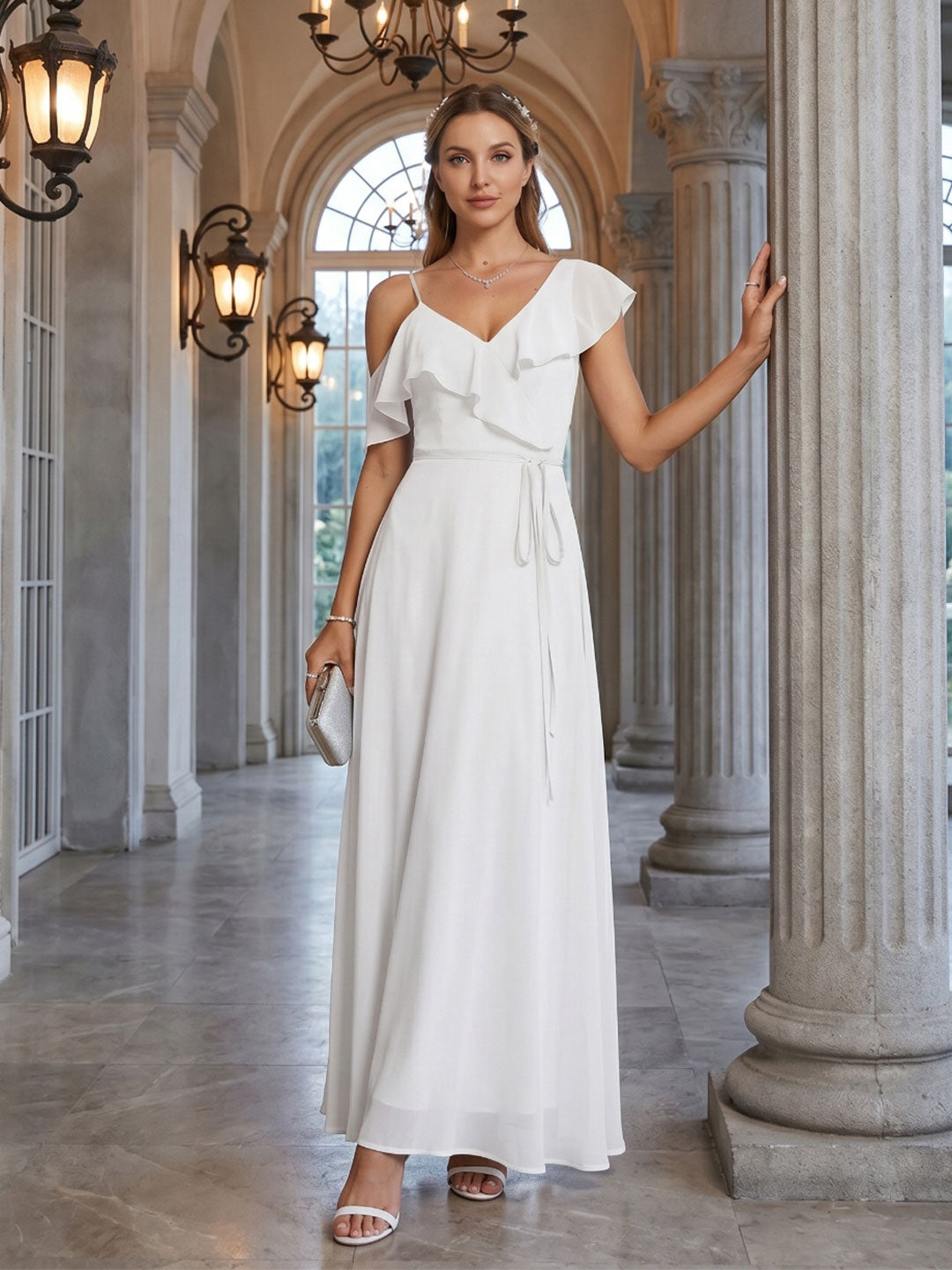 Romantic White Chiffon A-Line V-Neck Back Zip with Ruffle Ankle-Length Bridesmaid Dress