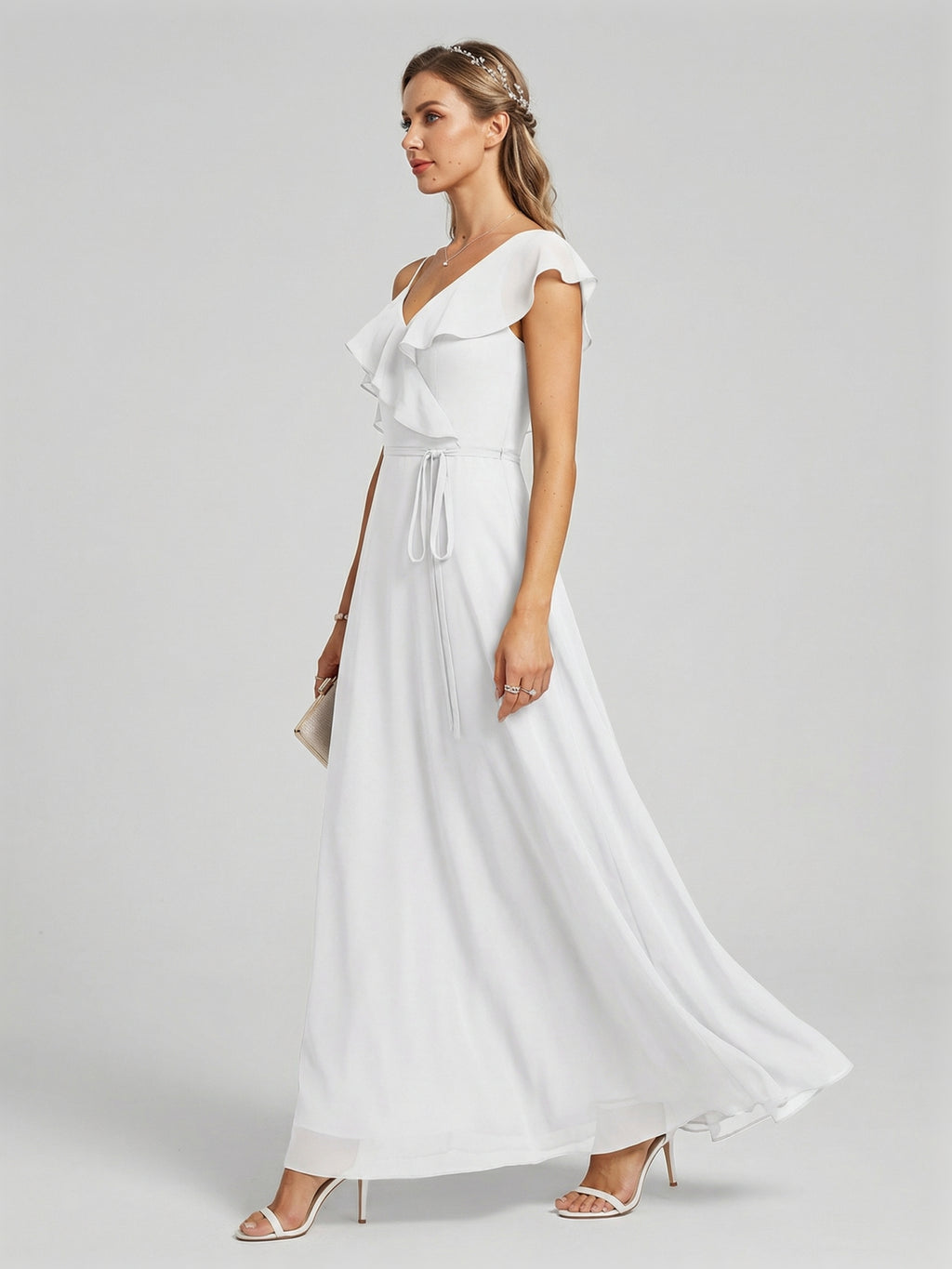 Romantic White Chiffon A-Line V-Neck Back Zip with Ruffle Ankle-Length Bridesmaid Dress