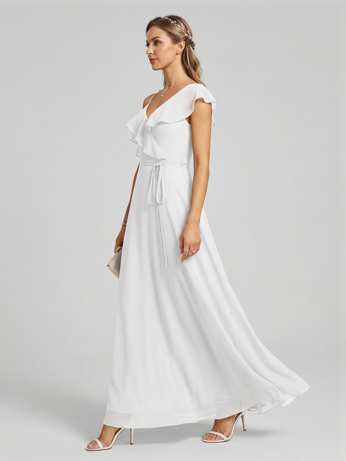 Romantic White Chiffon A-Line V-Neck Back Zip with Ruffle Ankle-Length Bridesmaid Dress