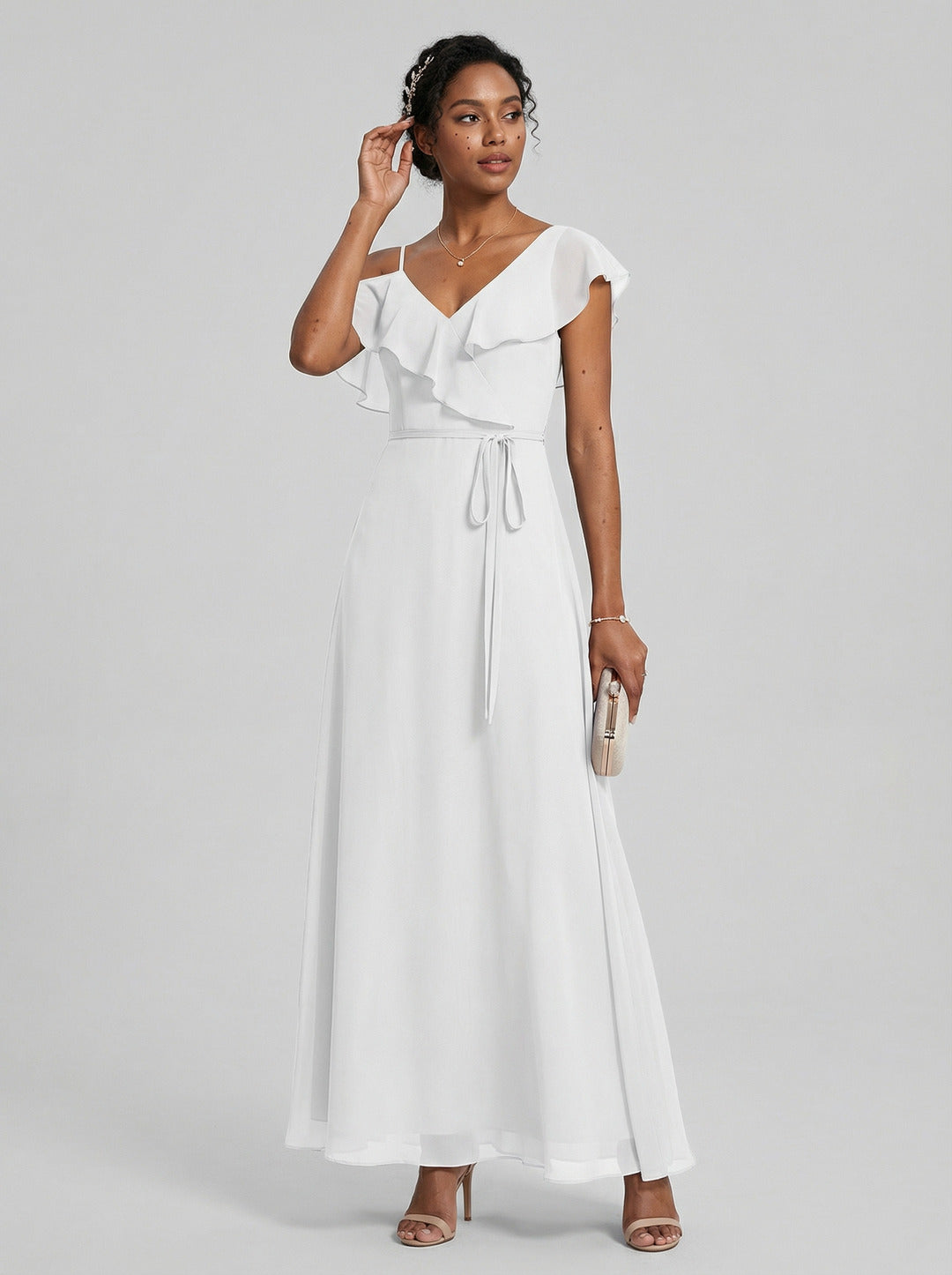 Romantic White Chiffon A-Line V-Neck Back Zip with Ruffle Ankle-Length Bridesmaid Dress