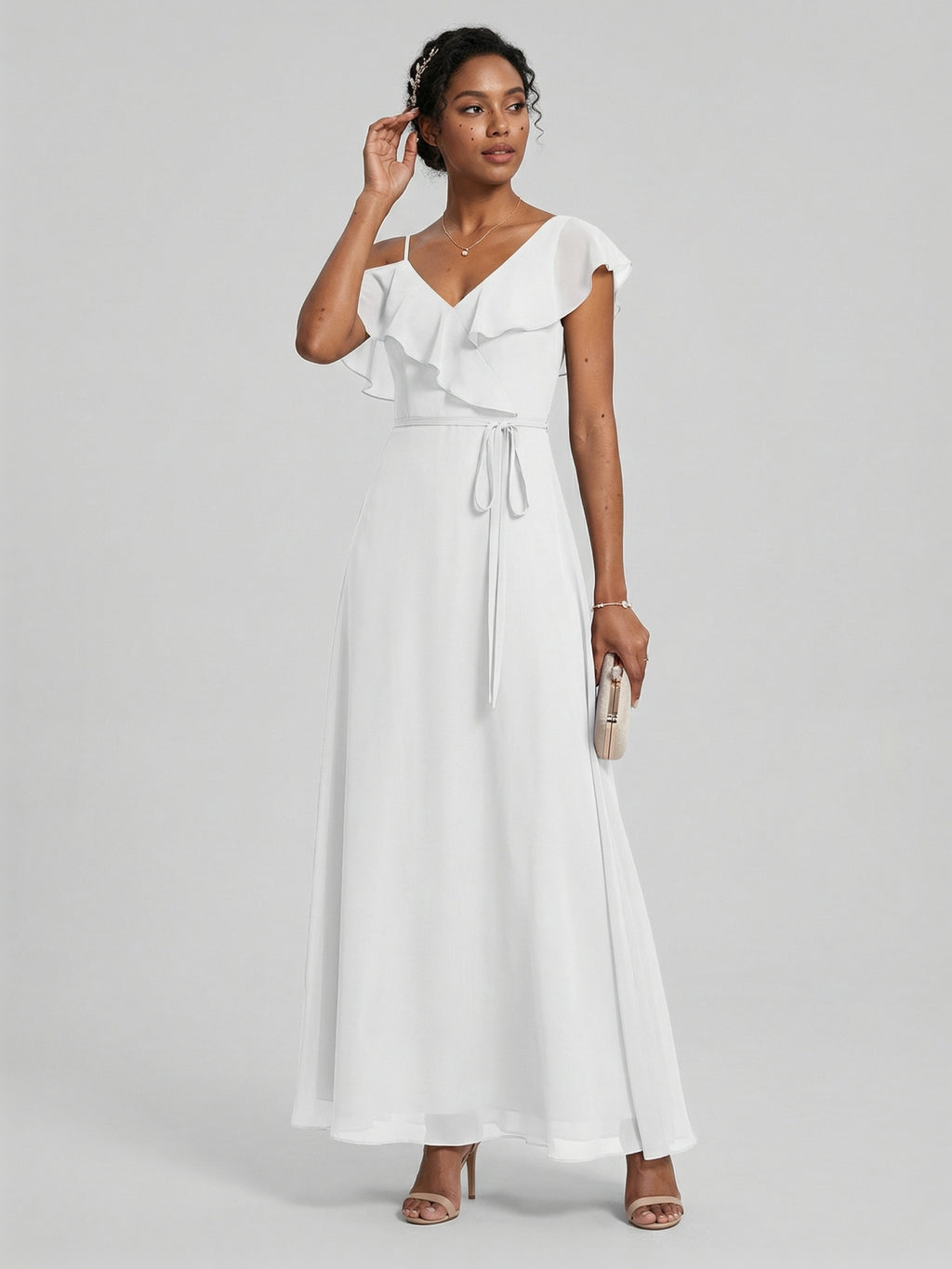 Romantic White Chiffon A-Line V-Neck Back Zip with Ruffle Ankle-Length Bridesmaid Dress