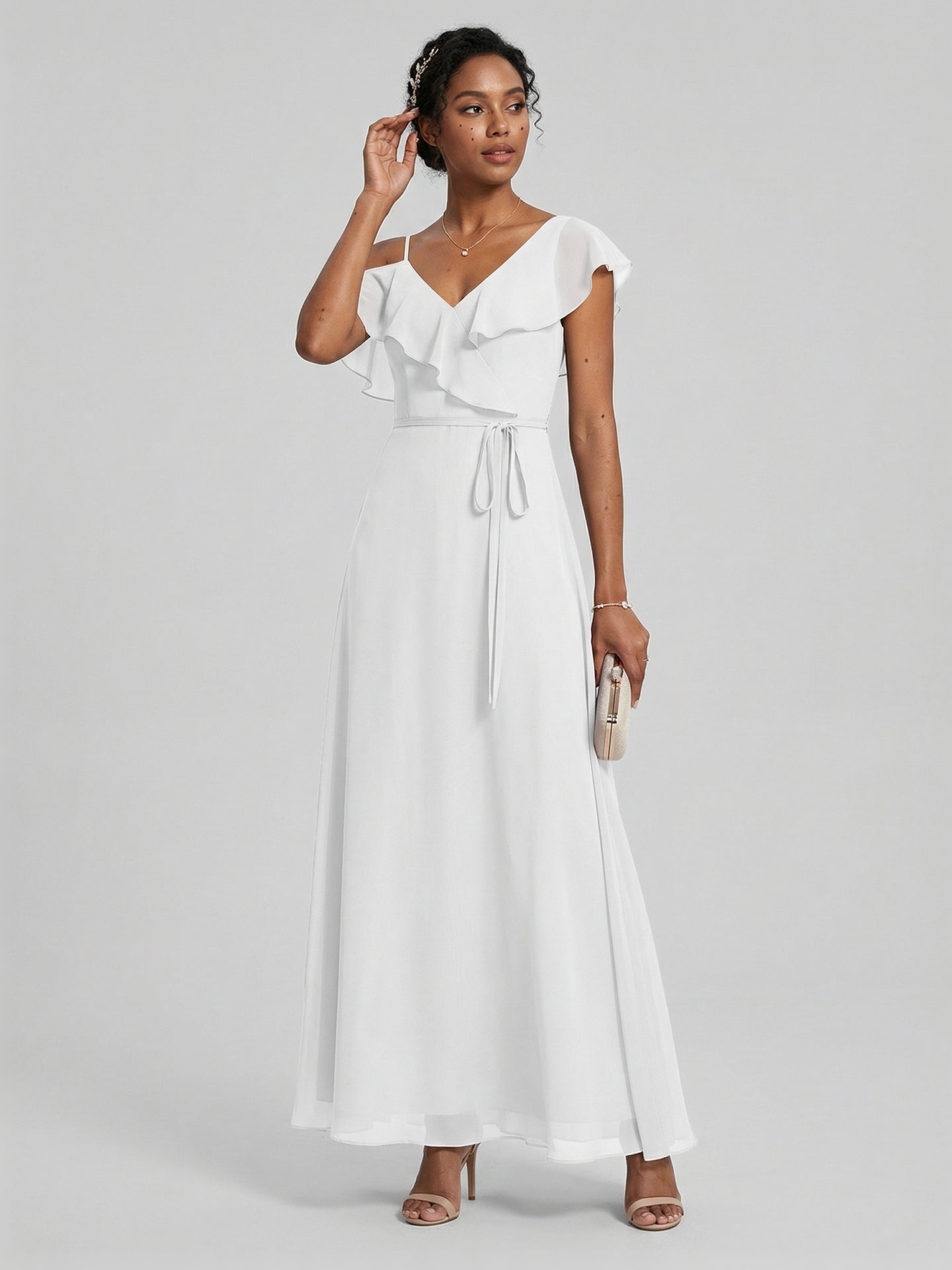 Romantic White Chiffon A-Line V-Neck Back Zip with Ruffle Ankle-Length Bridesmaid Dress