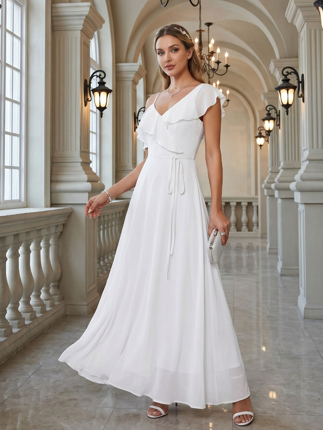 Romantic White Chiffon A-Line V-Neck Back Zip with Ruffle Ankle-Length Bridesmaid Dress