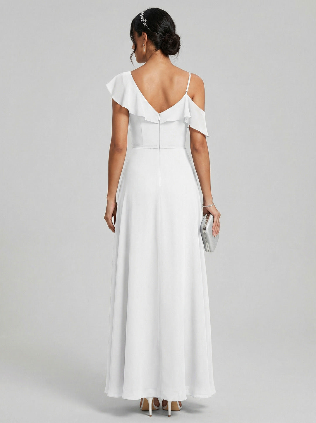 Romantic White Chiffon A-Line V-Neck Back Zip with Ruffle Ankle-Length Bridesmaid Dress