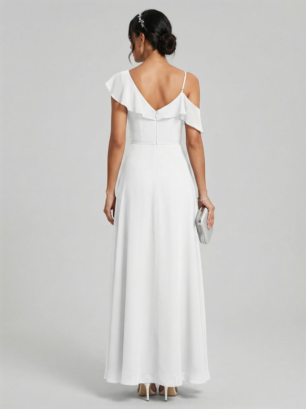 Romantic White Chiffon A-Line V-Neck Back Zip with Ruffle Ankle-Length Bridesmaid Dress