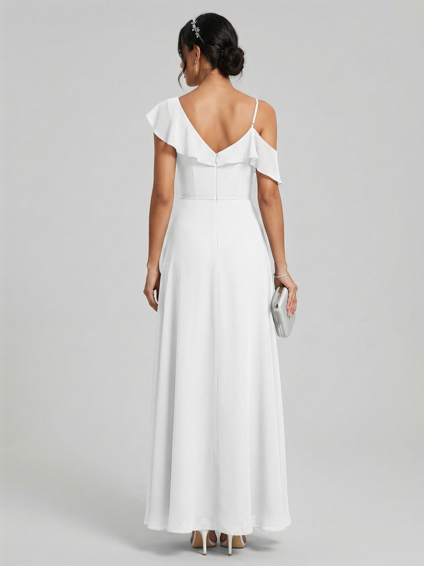 Romantic White Chiffon A-Line V-Neck Back Zip with Ruffle Ankle-Length Bridesmaid Dress