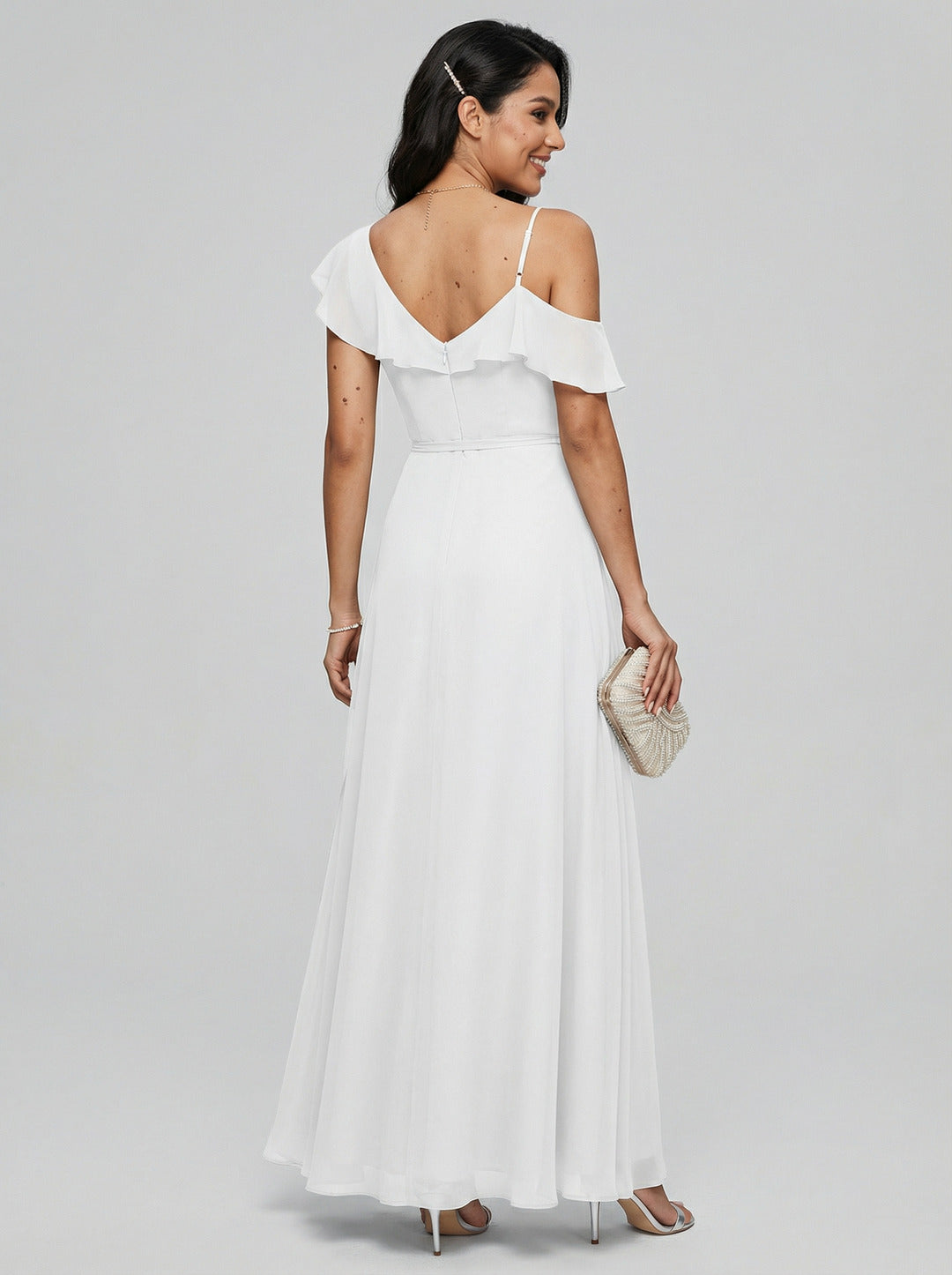 Romantic White Chiffon A-Line V-Neck Back Zip with Ruffle Ankle-Length Bridesmaid Dress