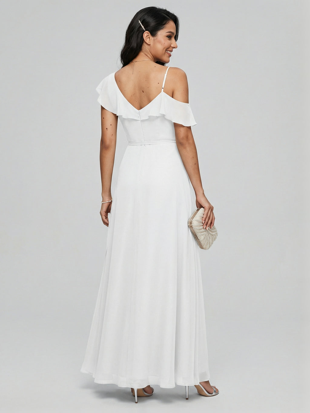Romantic White Chiffon A-Line V-Neck Back Zip with Ruffle Ankle-Length Bridesmaid Dress
