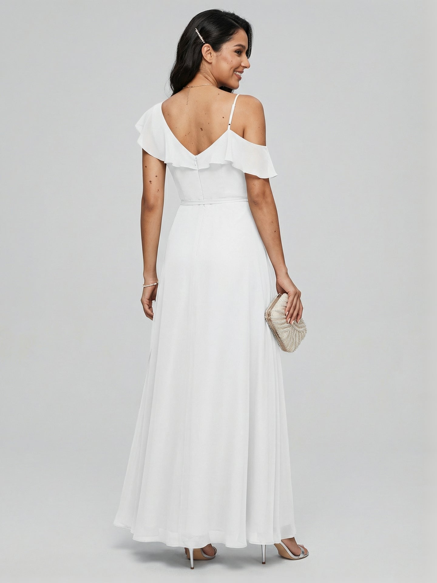 Romantic White Chiffon A-Line V-Neck Back Zip with Ruffle Ankle-Length Bridesmaid Dress