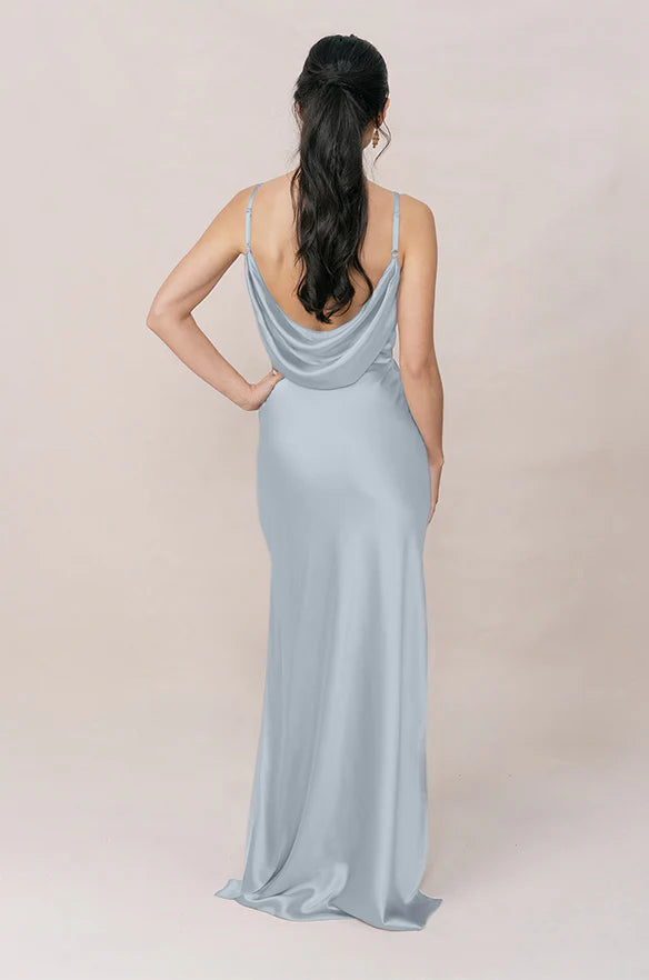 Romantic Cowl Neck Spaghetti Strap Satin Mermaid Bridesmaid Dress with Cowl Back & High Slit in Sky Blue