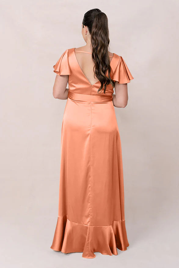 Romantic V-Neck Flutter Sleeve Tie-Waist Ruffle Hem A-Line Floor-Length Bridesmaid Dress