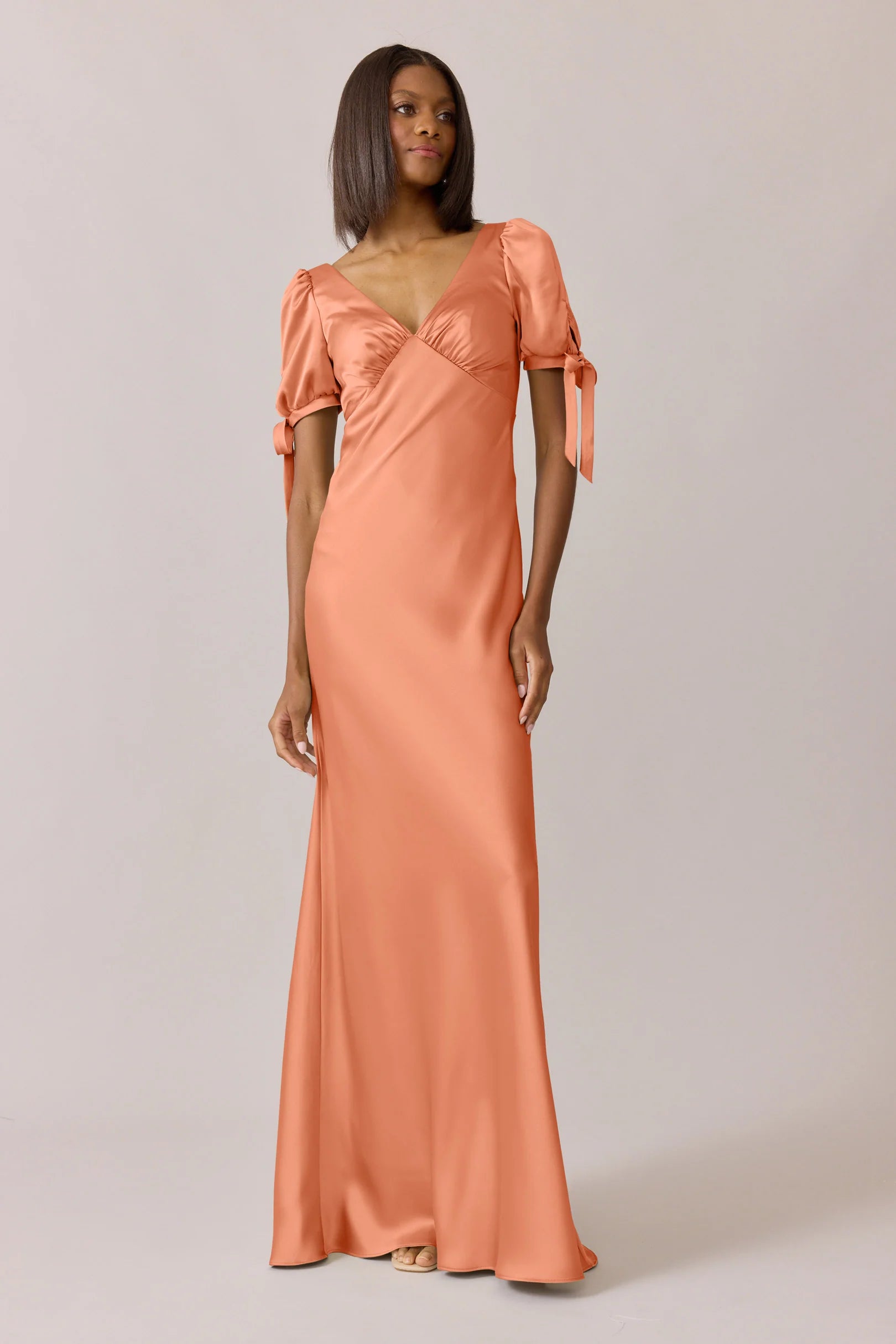Romantic V-Neck Puff Sleeve Tie-Cuff Button-Back Mermaid Floor-Length Bridesmaid Dress