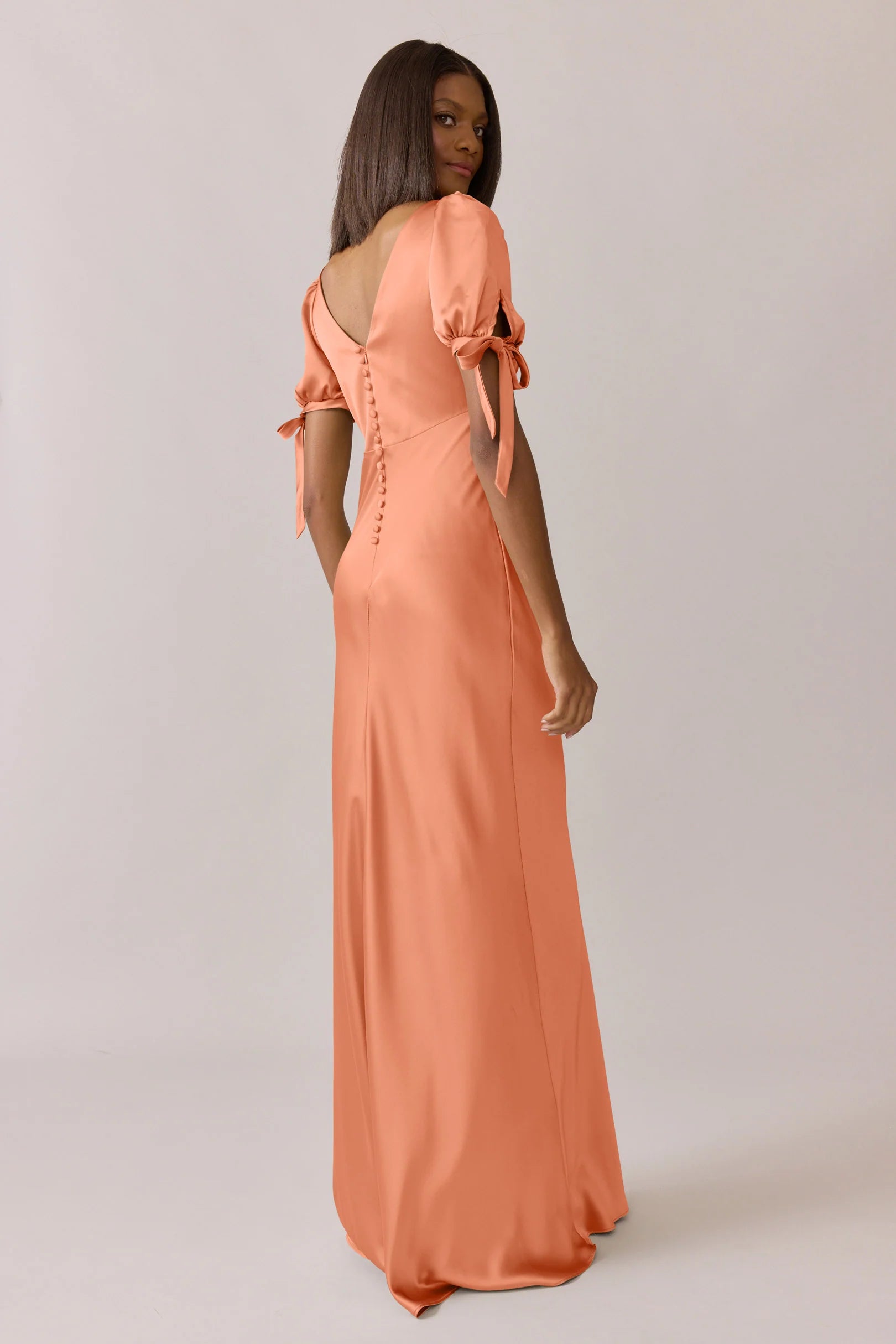 Romantic V-Neck Puff Sleeve Tie-Cuff Button-Back Mermaid Floor-Length Bridesmaid Dress