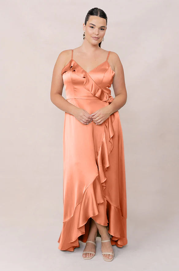 Romantic V-Neck Spaghetti Strap Ruffle Trim High-Low A-Line Bridesmaid Dress