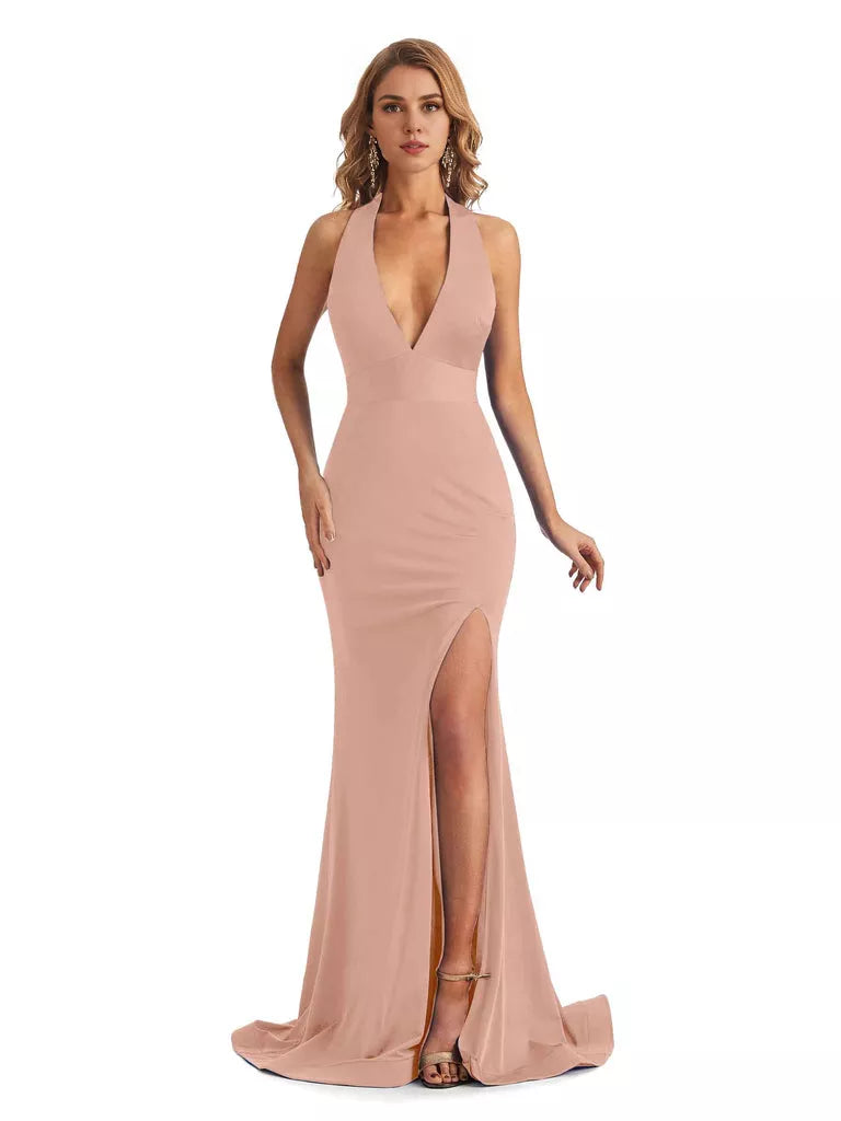 Sexy Mermaid Halter V-neck halter Side Slit  Jersey Long Formal Bridesmaid Dresses