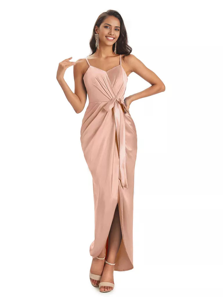 High Low Spaghetti Straps V-neck Mermaid Asymmetrical Soft Satin Bridesmaid Dresses