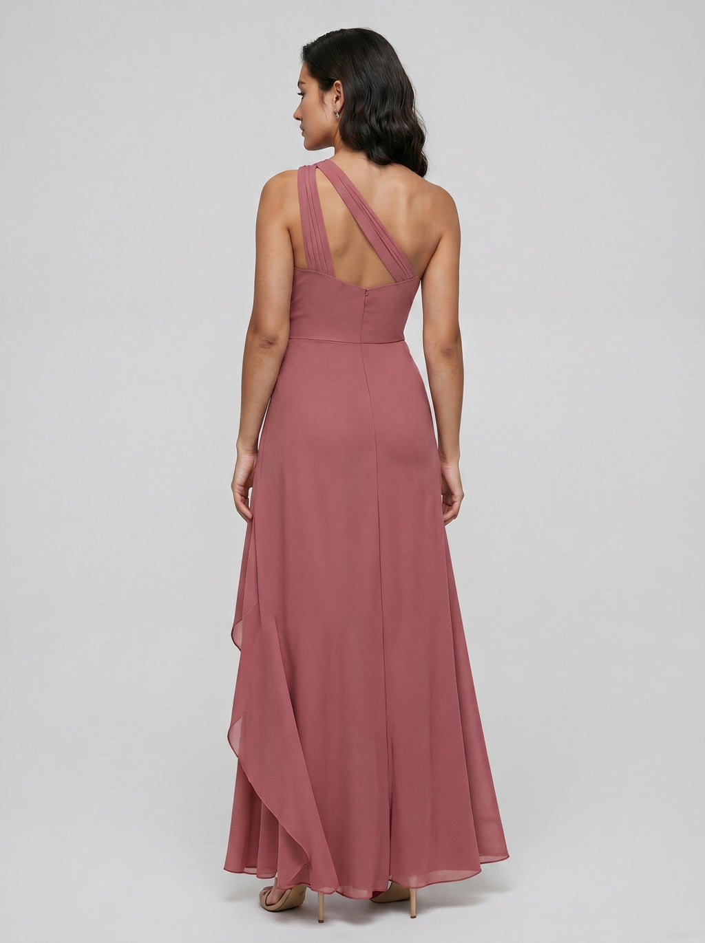 Coquette Rose Gold Chiffon A-Line One Shoulder Side Zip with Ruffle Ankle-Length Bridesmaid Dress