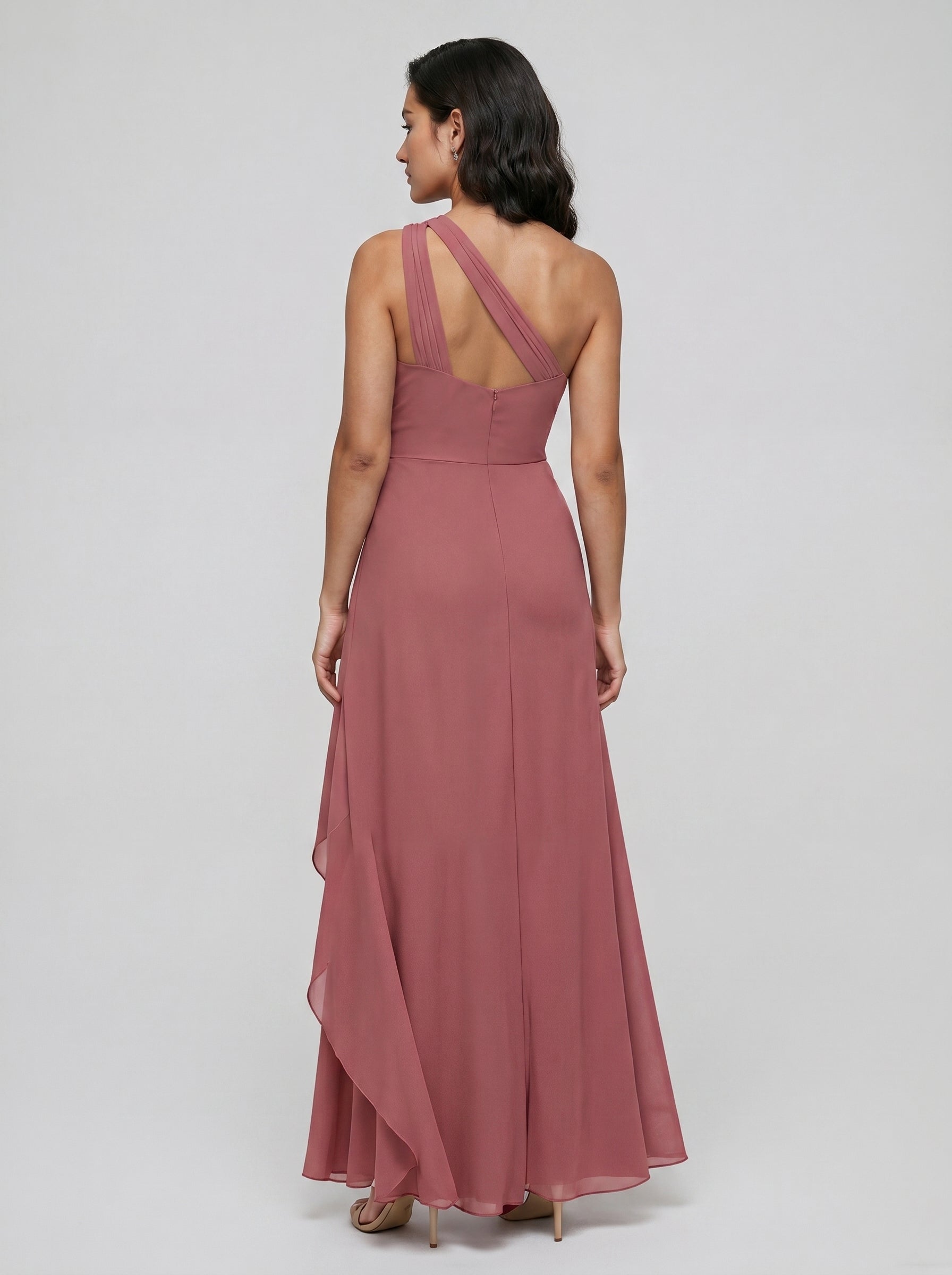 Coquette Rose Gold Chiffon A-Line One Shoulder Side Zip with Ruffle Ankle-Length Bridesmaid Dress