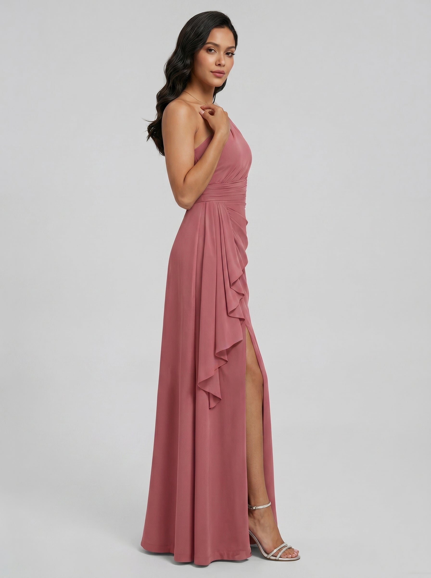 Coquette Rose Gold Chiffon A-Line One Shoulder Side Zip with Ruffle Ankle-Length Bridesmaid Dress