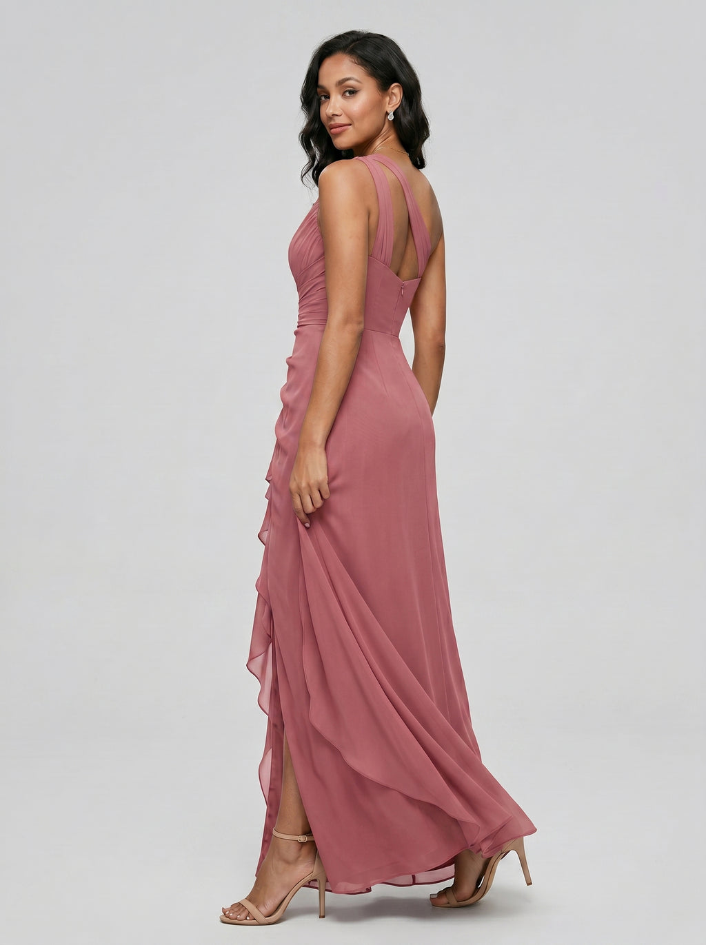 Coquette Rose Gold Chiffon A-Line One Shoulder Side Zip with Ruffle Ankle-Length Bridesmaid Dress