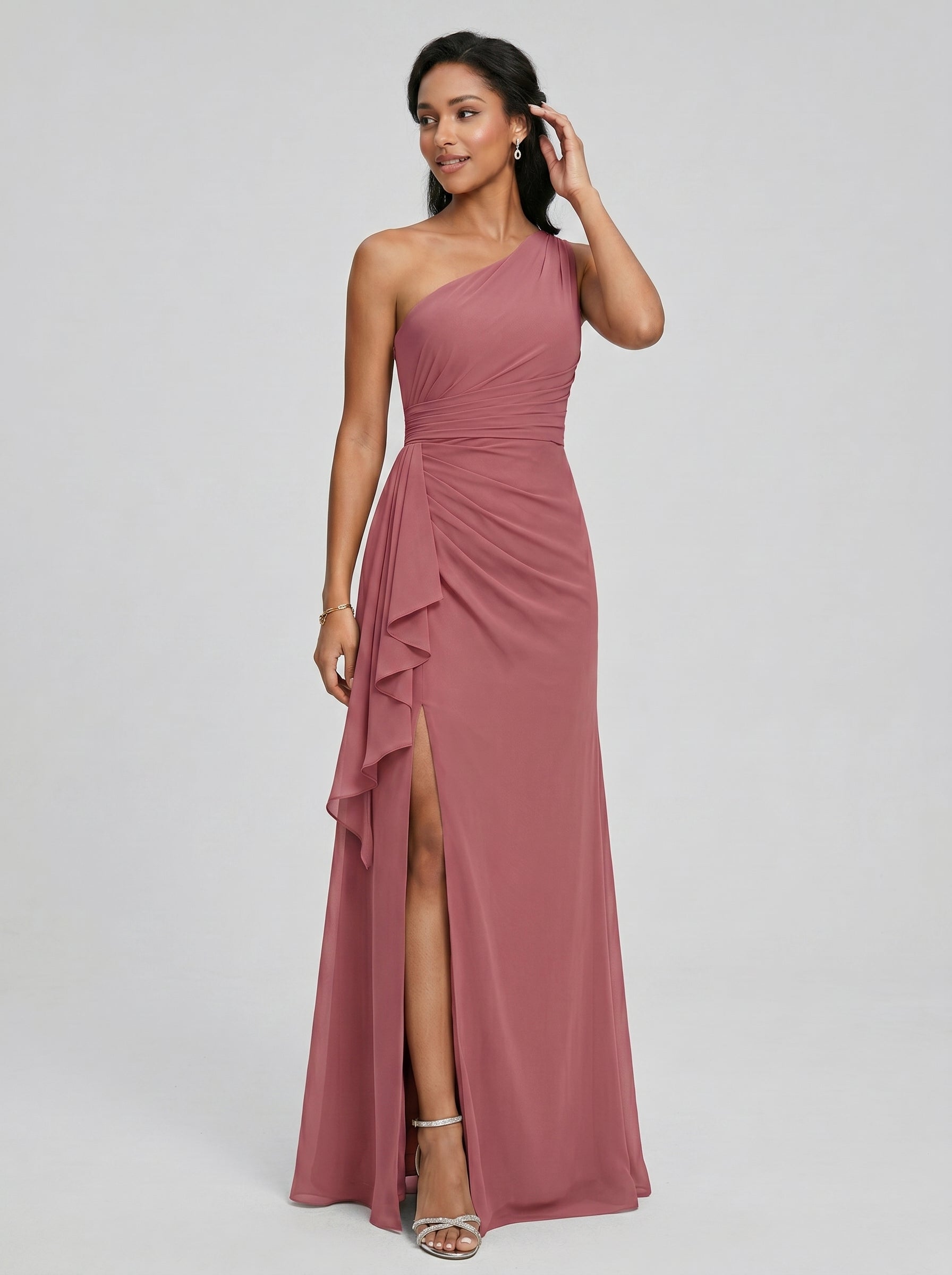 Coquette Rose Gold Chiffon A-Line One Shoulder Side Zip with Ruffle Ankle-Length Bridesmaid Dress