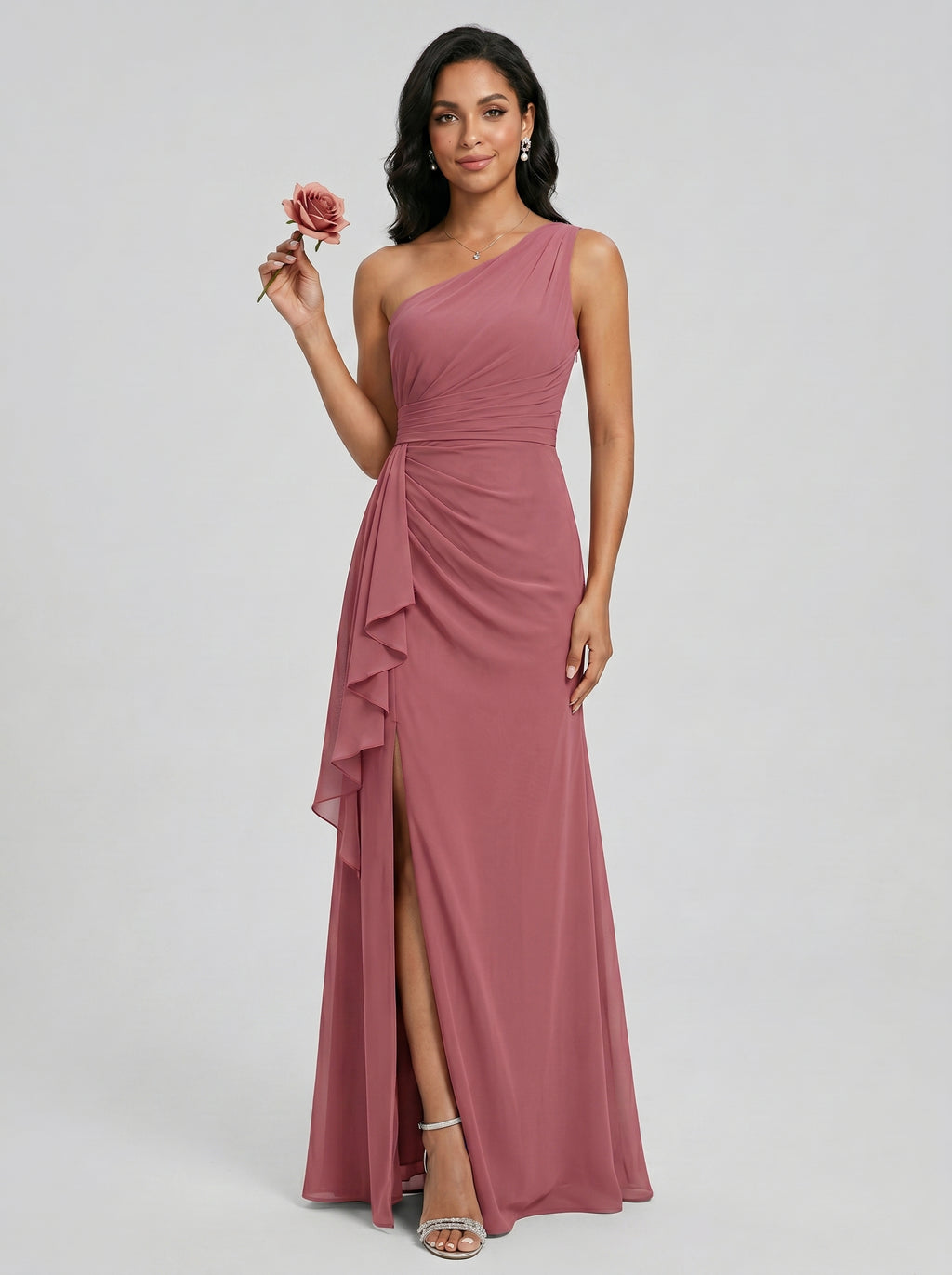 Coquette Rose Gold Chiffon A-Line One Shoulder Side Zip with Ruffle Ankle-Length Bridesmaid Dress