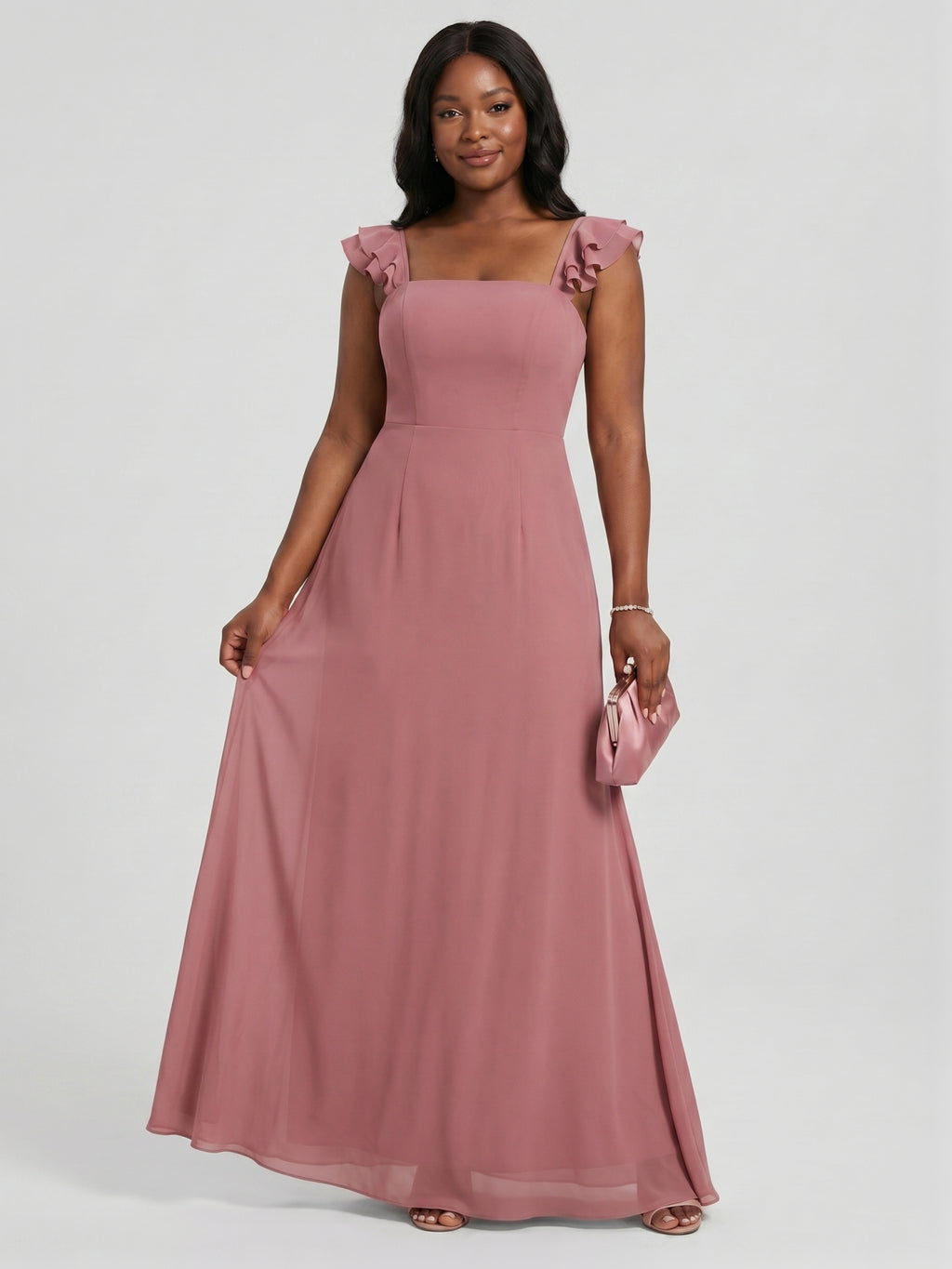 Coquette Rose Gold Chiffon A-Line Straight Neck Bow with nan Ankle-Length Bridesmaid Dress