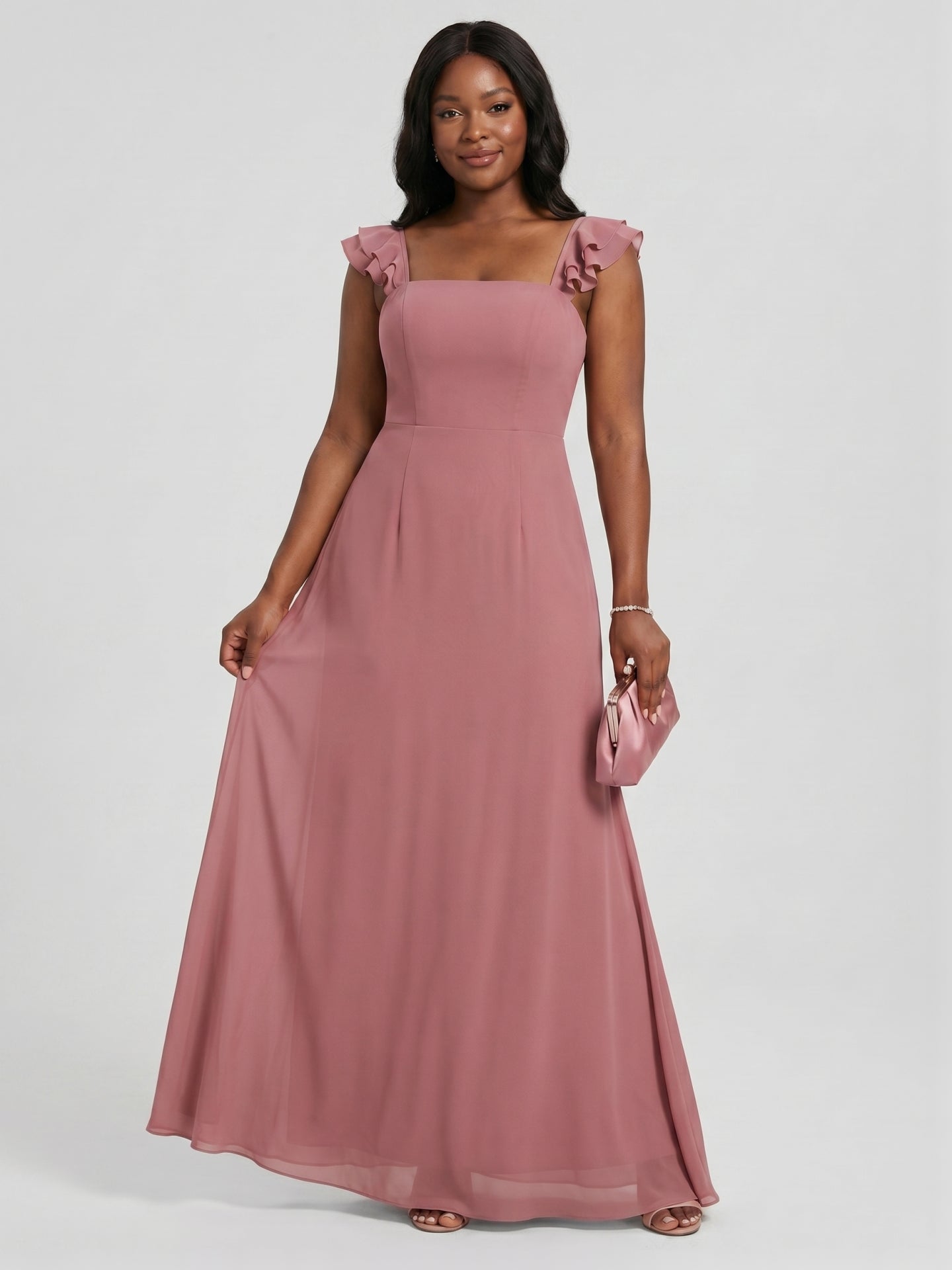 Coquette Rose Gold Chiffon A-Line Straight Neck Bow with nan Ankle-Length Bridesmaid Dress