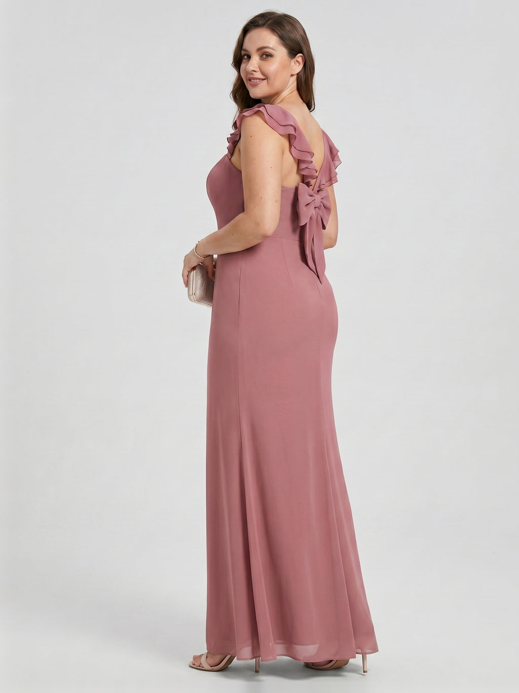 Coquette Rose Gold Chiffon A-Line Straight Neck Bow with nan Ankle-Length Bridesmaid Dress