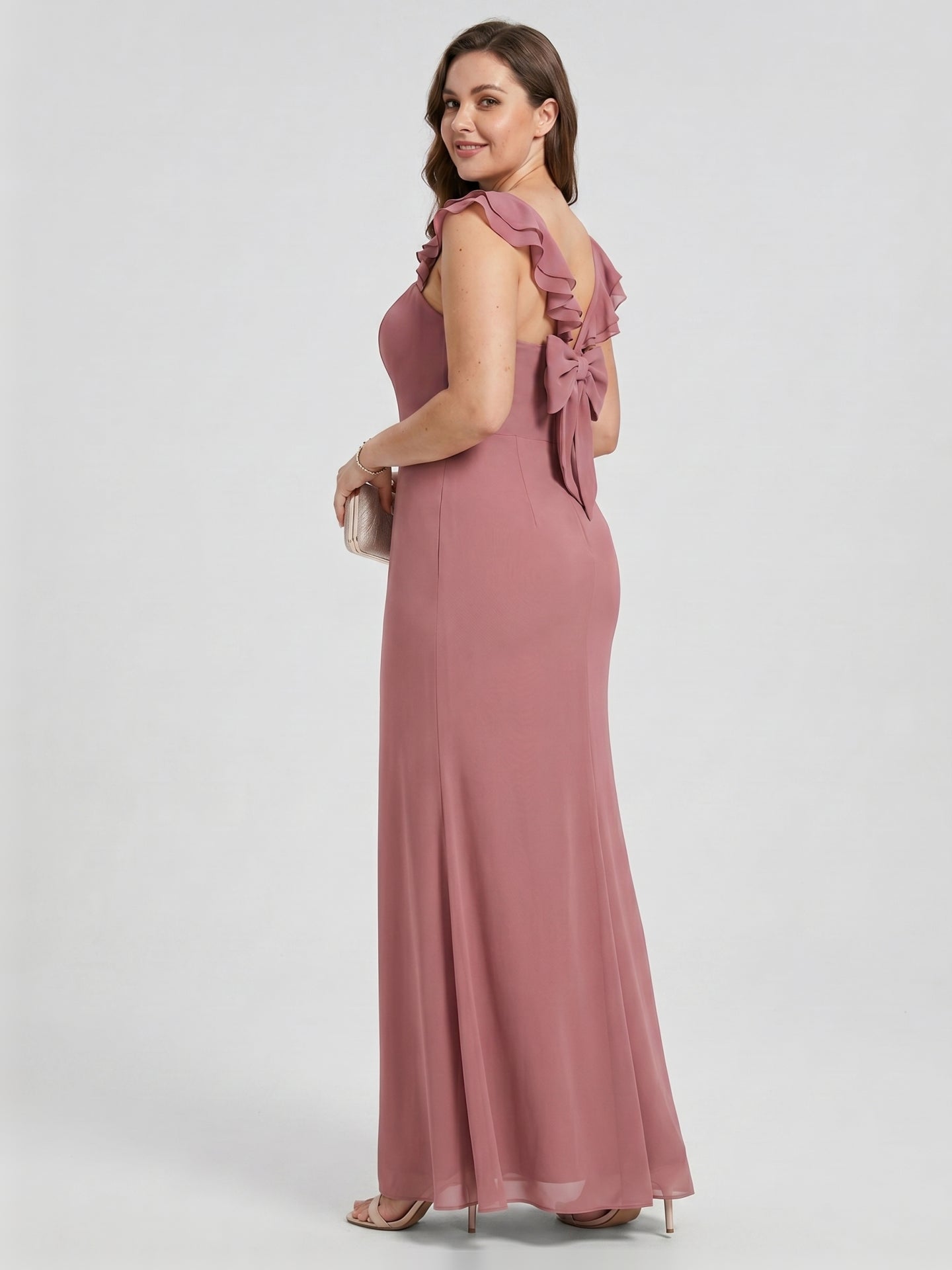Coquette Rose Gold Chiffon A-Line Straight Neck Bow with nan Ankle-Length Bridesmaid Dress