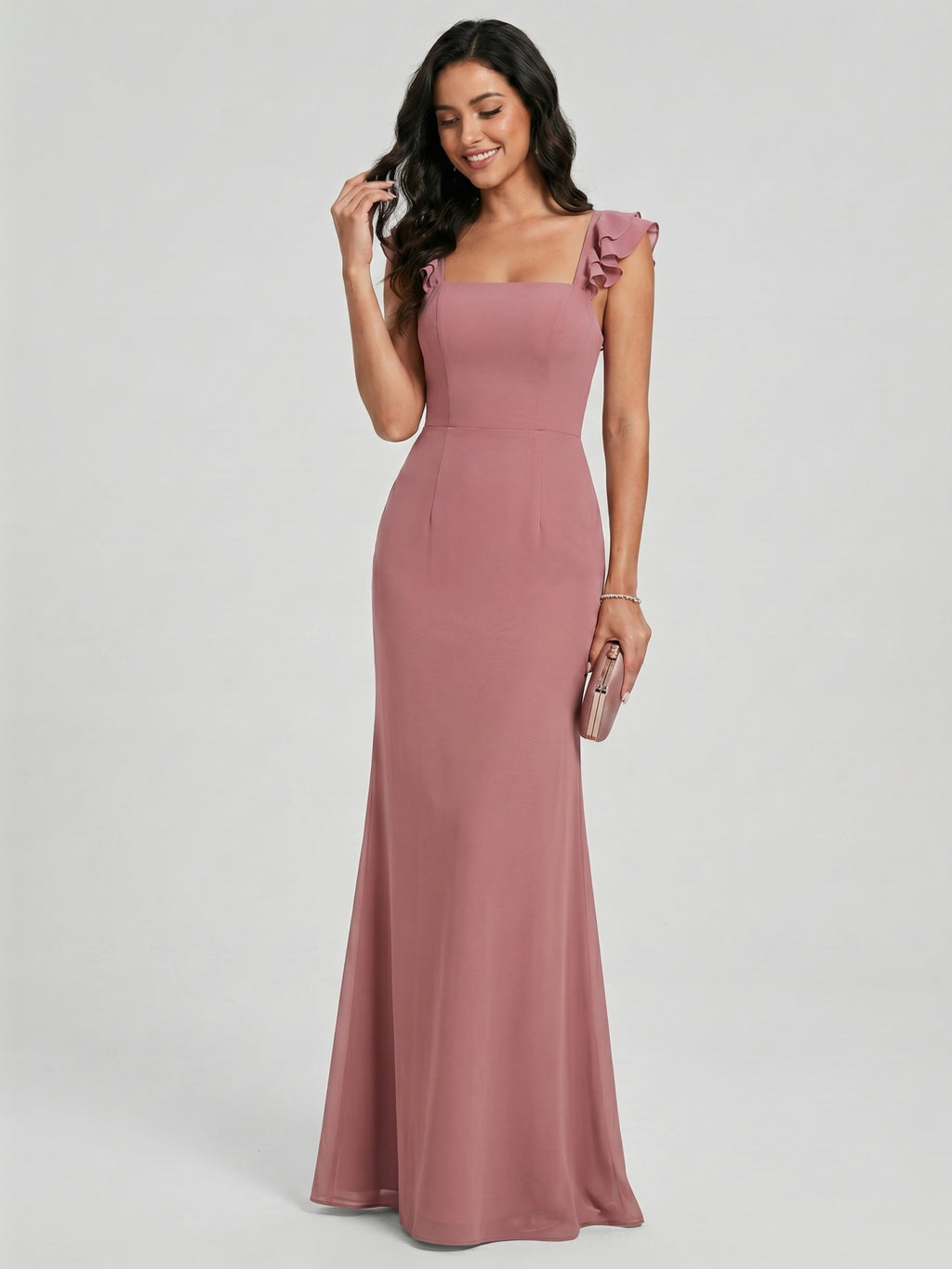 Coquette Rose Gold Chiffon A-Line Straight Neck Bow with nan Ankle-Length Bridesmaid Dress