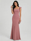 Coquette Rose Gold Chiffon A-Line Straight Neck Bow with nan Ankle-Length Bridesmaid Dress