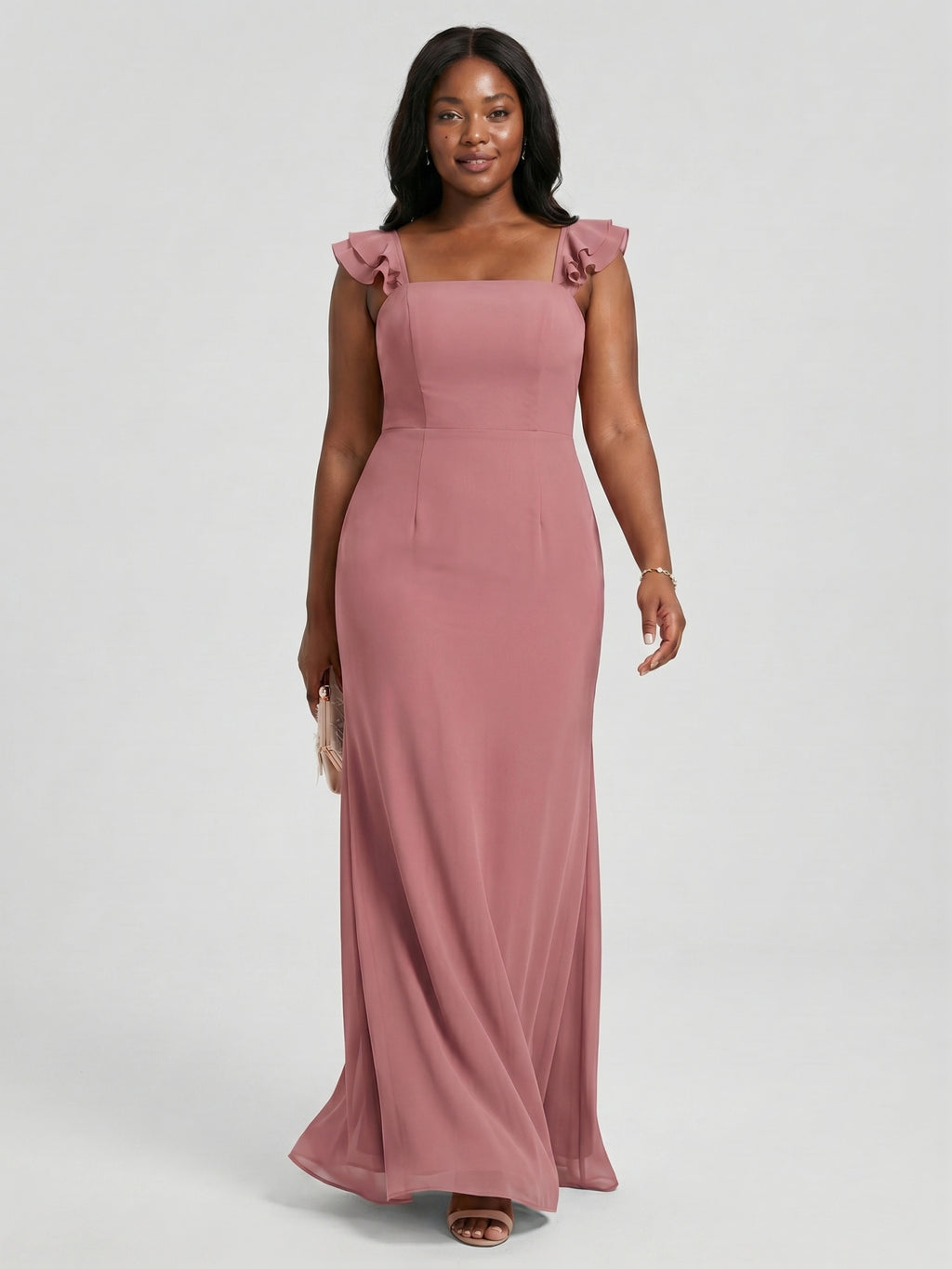 Coquette Rose Gold Chiffon A-Line Straight Neck Bow with nan Ankle-Length Bridesmaid Dress