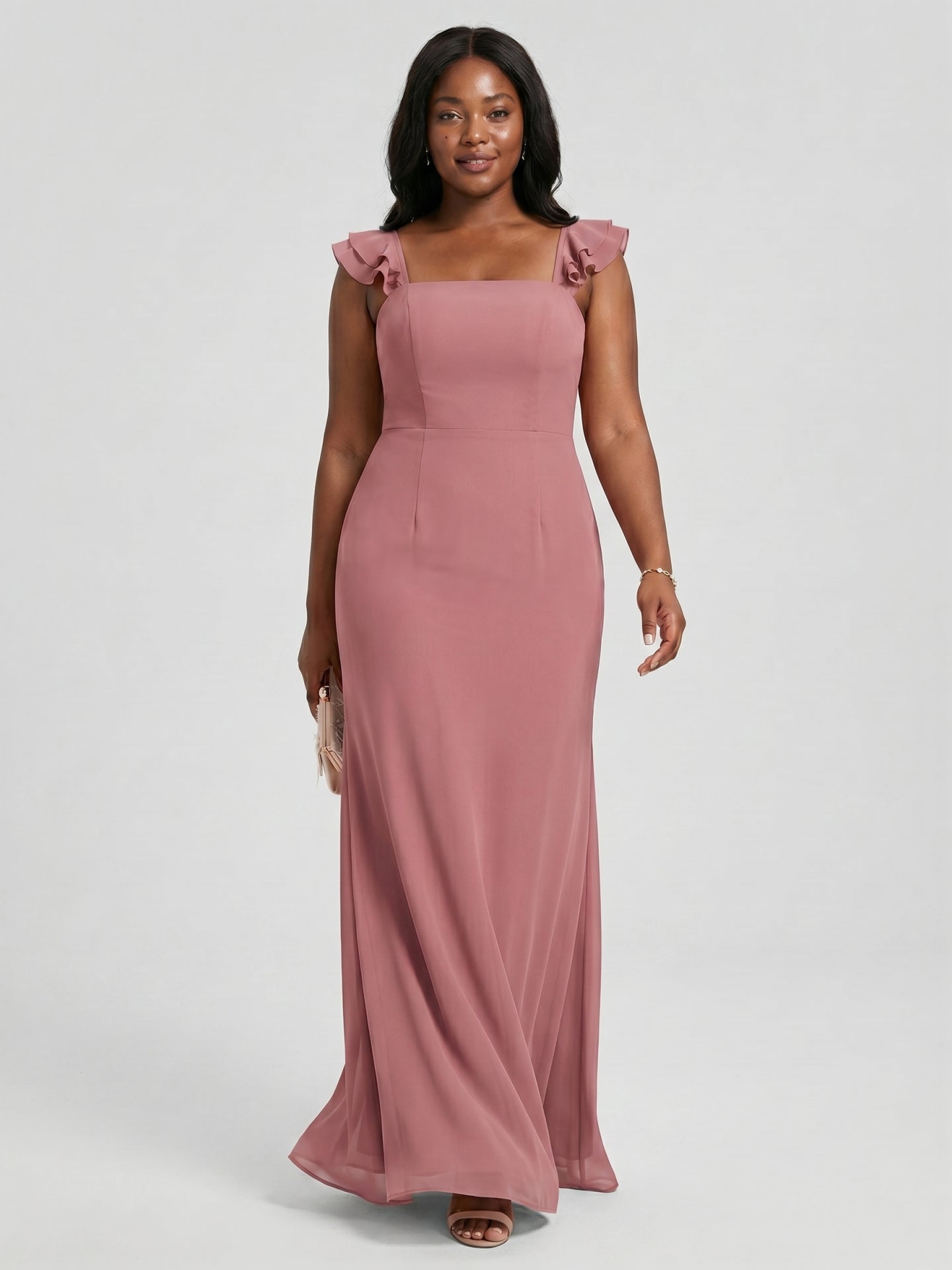 Coquette Rose Gold Chiffon A-Line Straight Neck Bow with nan Ankle-Length Bridesmaid Dress