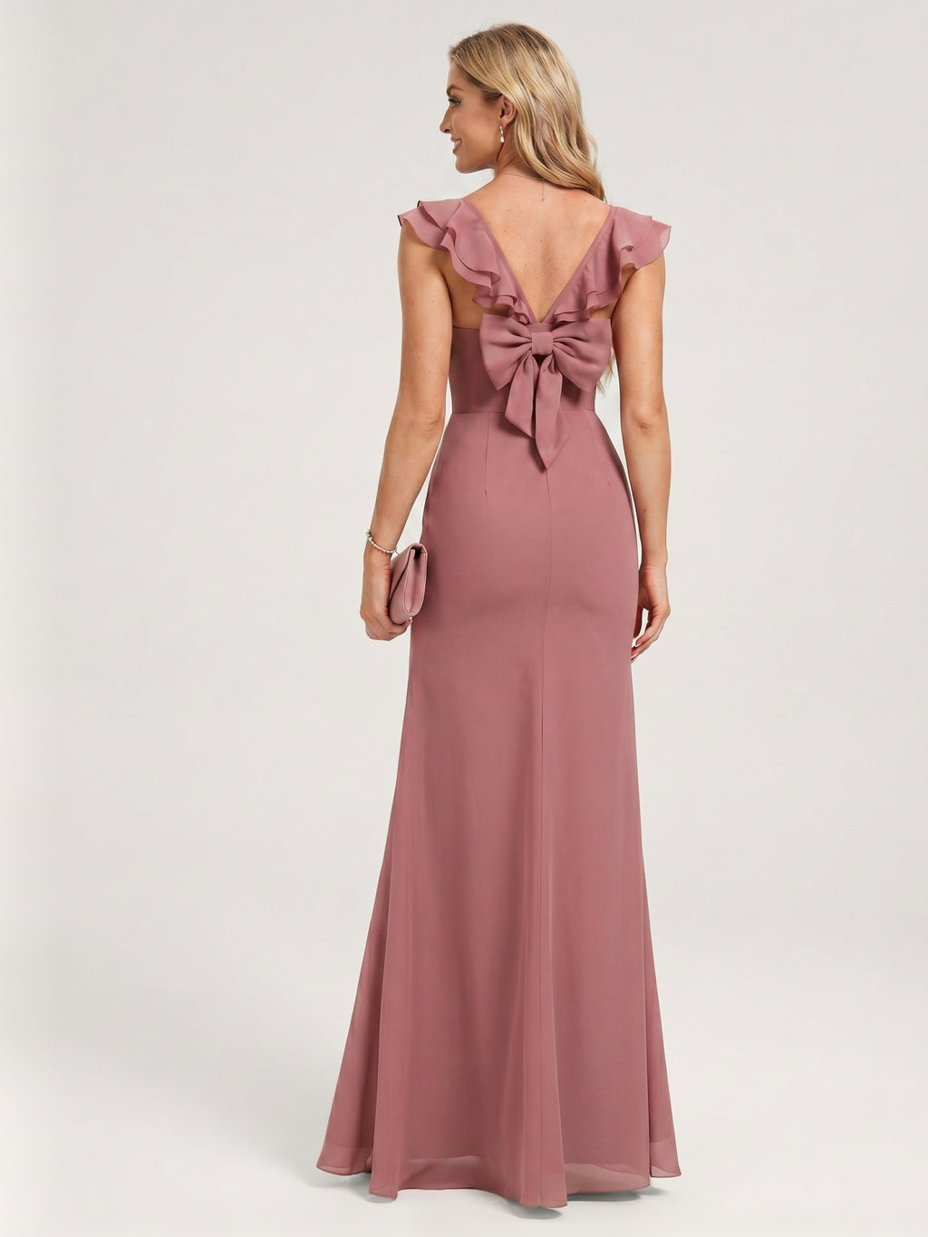 Coquette Rose Gold Chiffon A-Line Straight Neck Bow with nan Ankle-Length Bridesmaid Dress