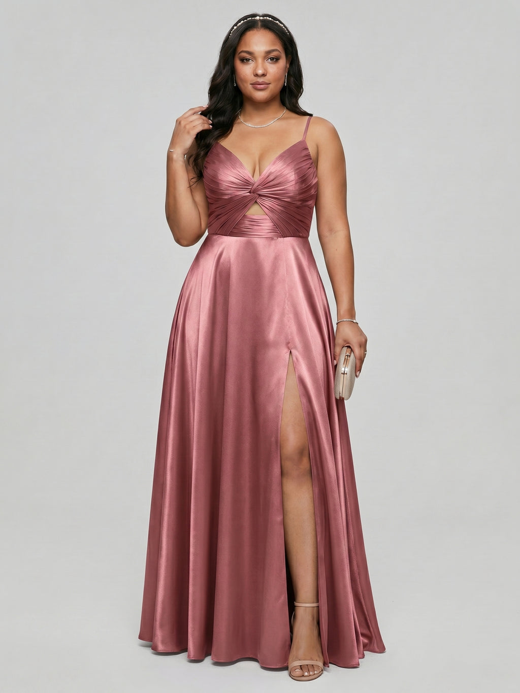 Sexy Rose Gold Satin A-Line V-Neck Back Zip with Beaded Details Ankle-Length Plus Size Bridesmaid Dress